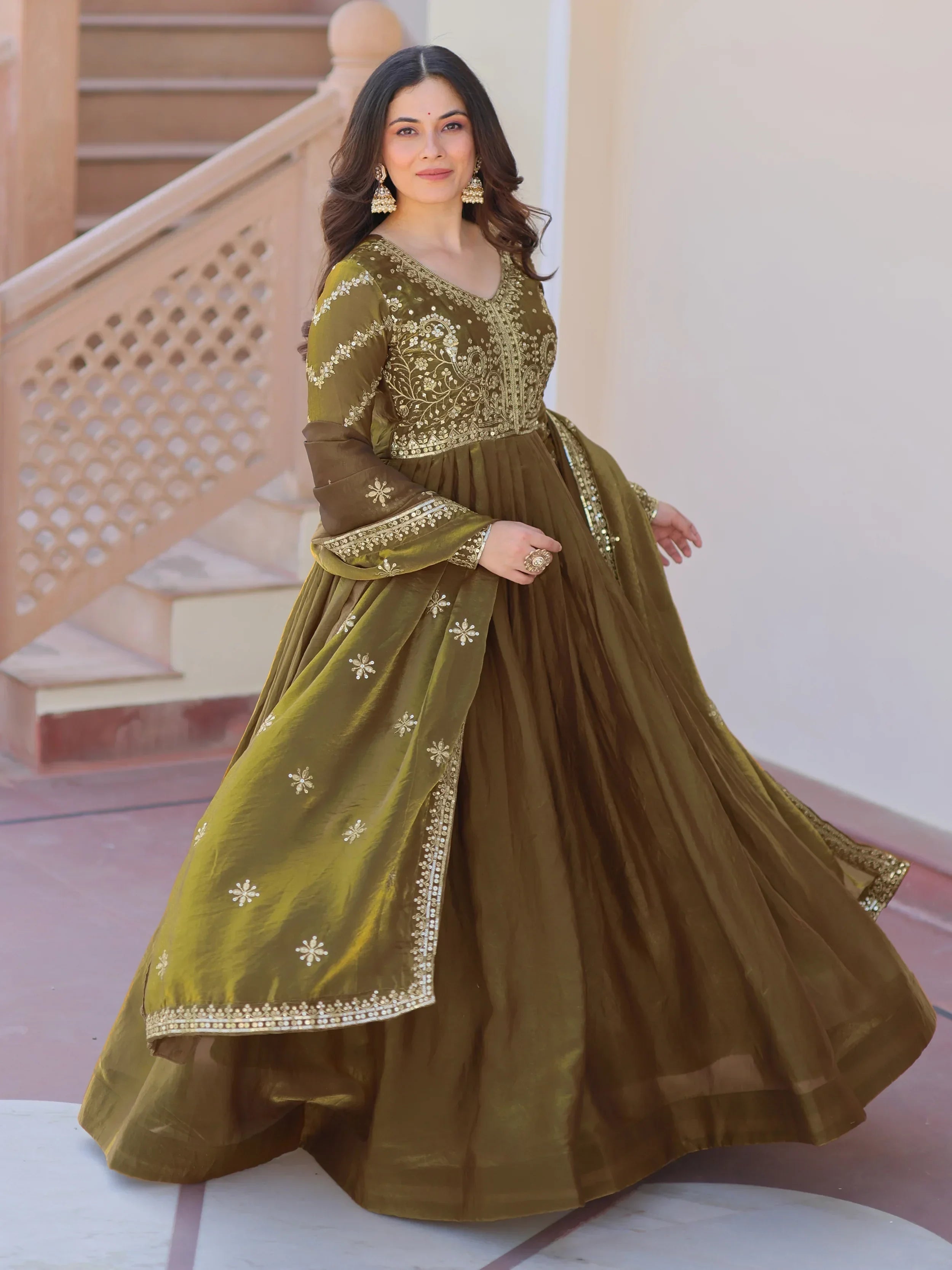 Green Memorable Mehendi Sequins Embroidery Organza Festive Wear Gown