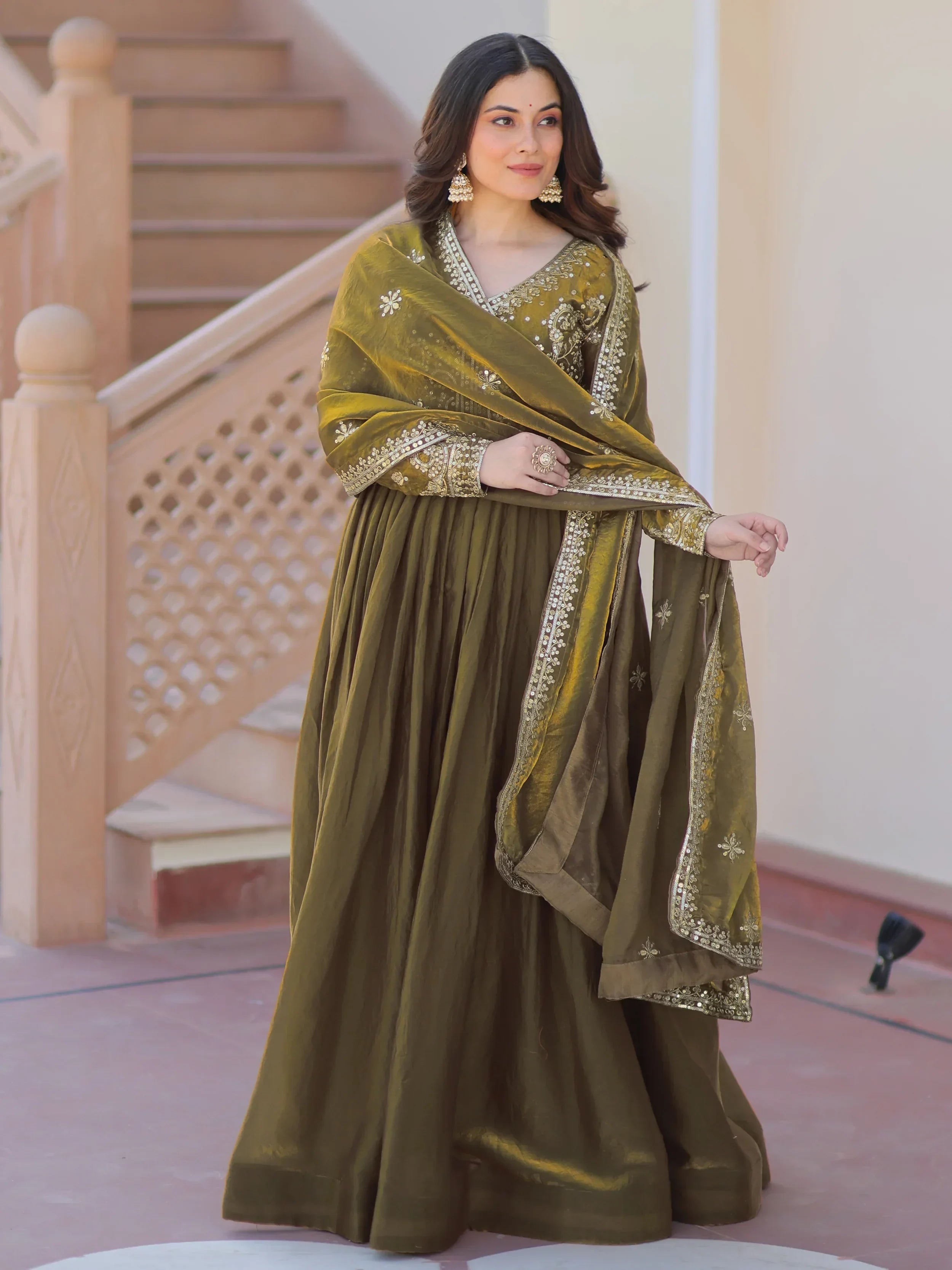 Green Memorable Mehendi Sequins Embroidery Organza Festive Wear Gown