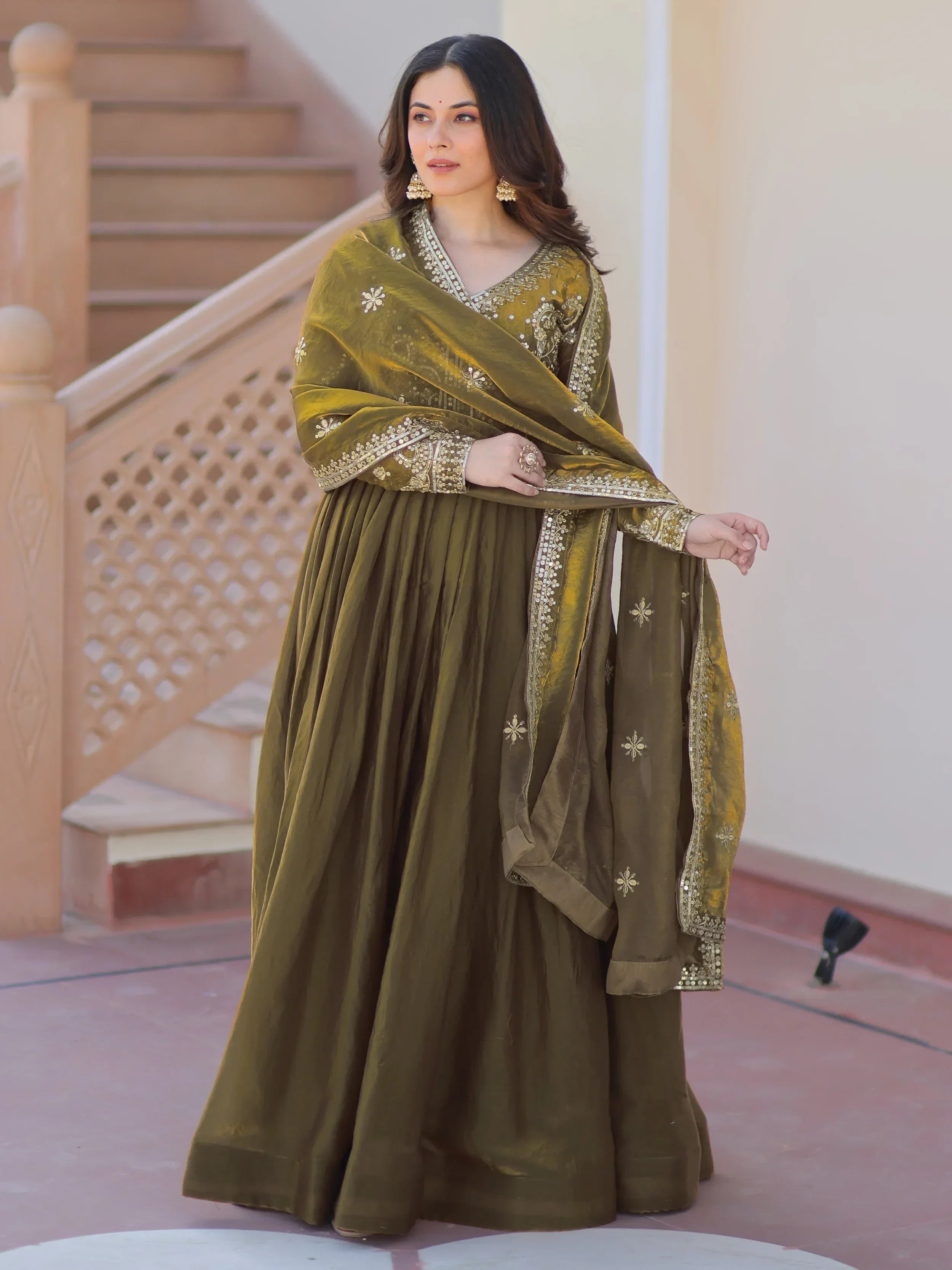 Green Memorable Mehendi Sequins Embroidery Organza Festive Wear Gown