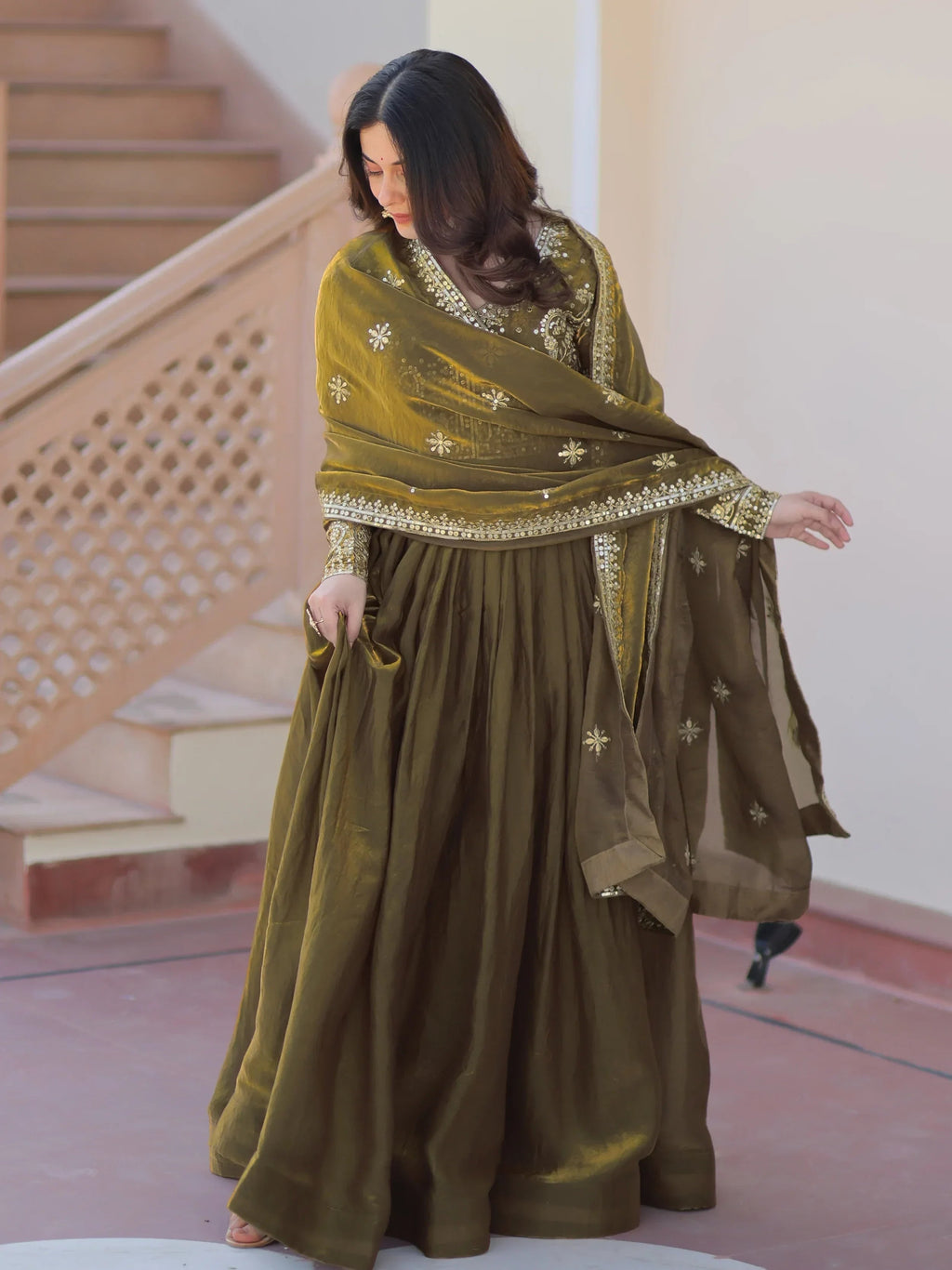 Green Memorable Mehendi Sequins Embroidery Organza Festive Wear Gown
