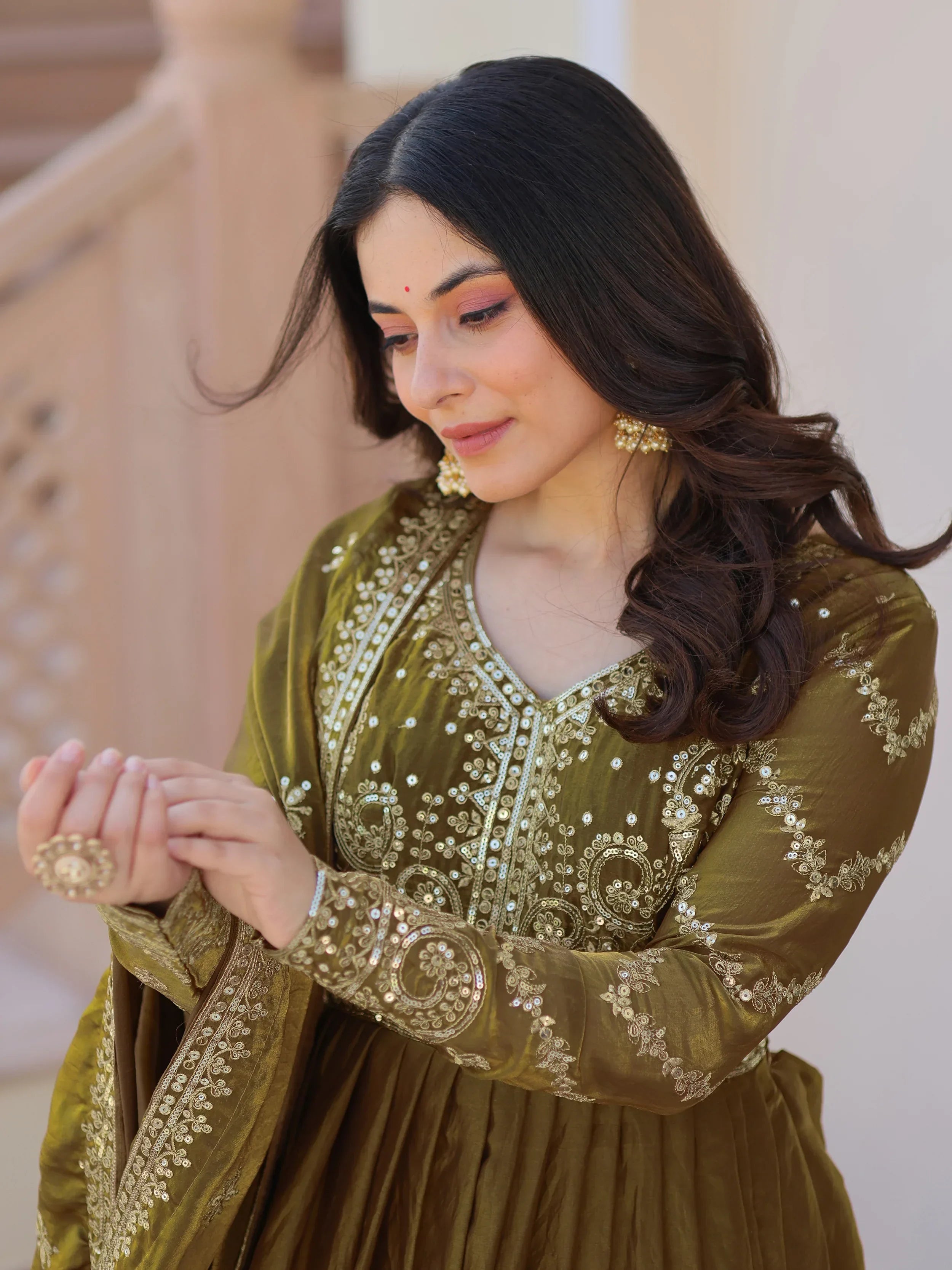 Green Memorable Mehendi Sequins Embroidery Organza Festive Wear Gown
