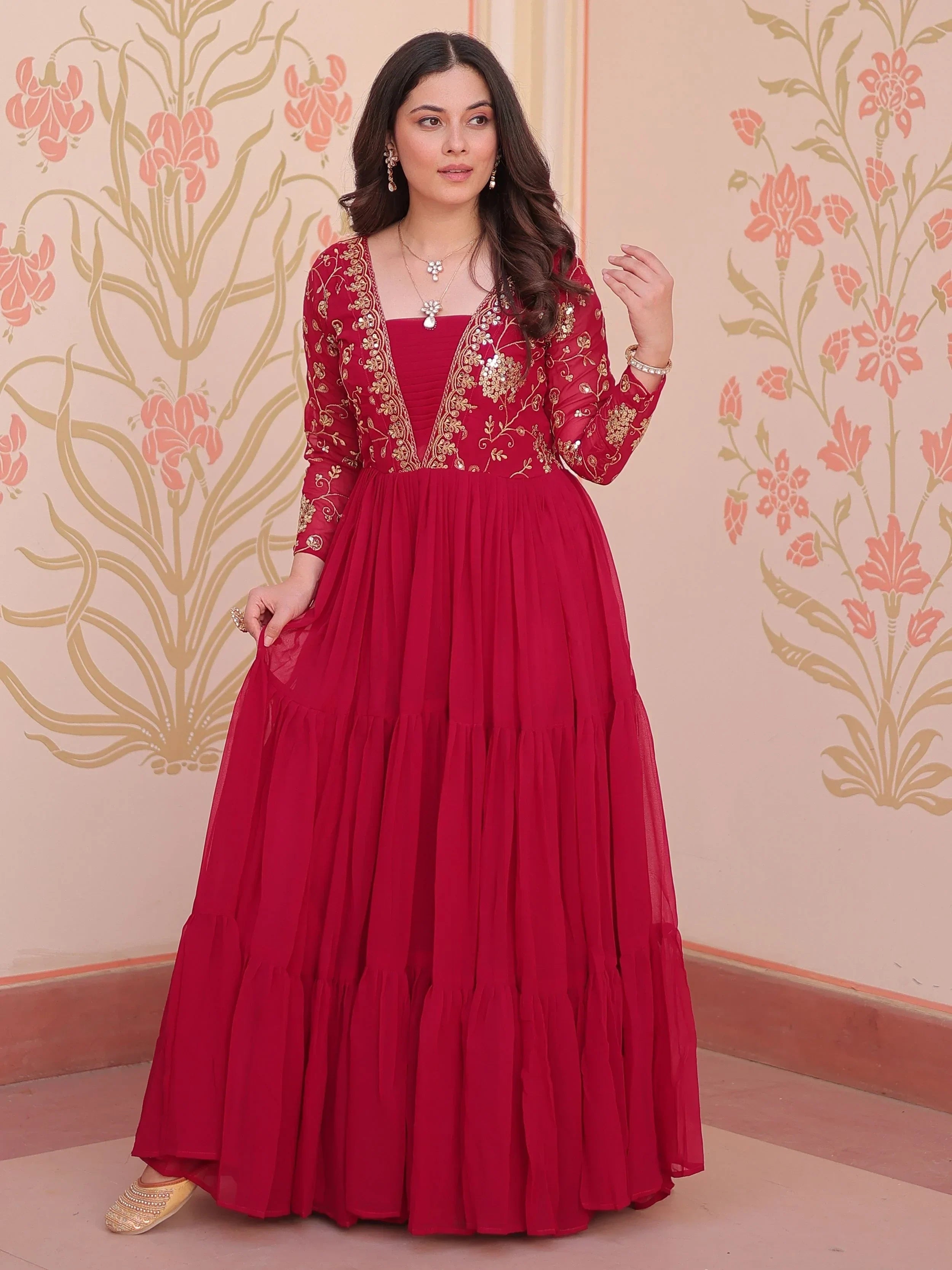 Pink Gorgeous Georgette Sequins Traditional Anarkali Gown