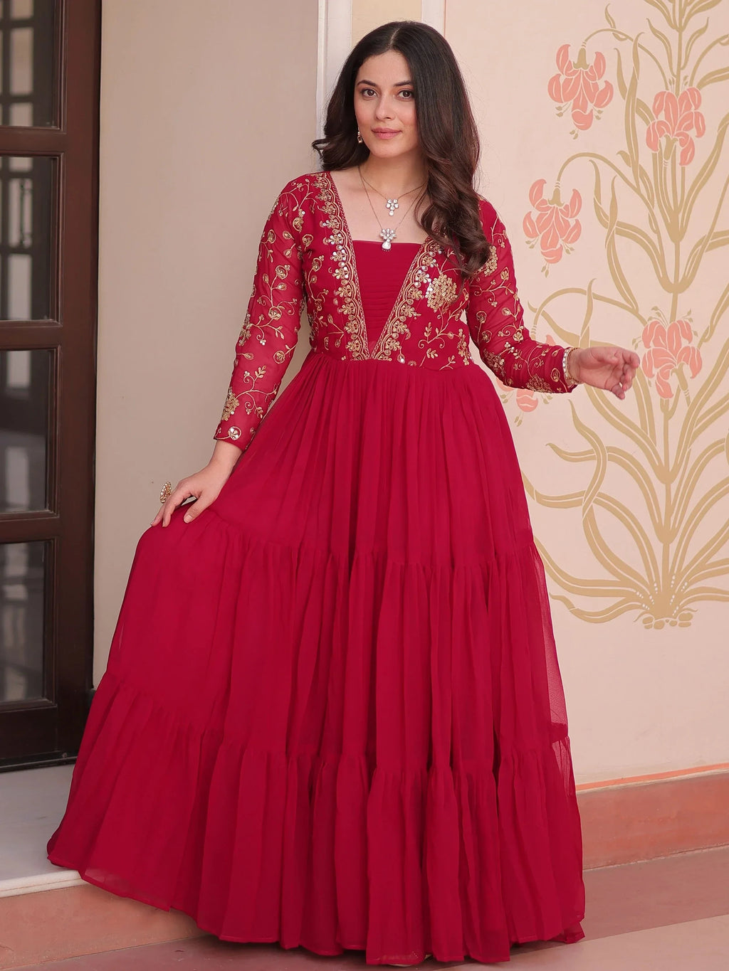 Pink Gorgeous Georgette Sequins Traditional Anarkali Gown