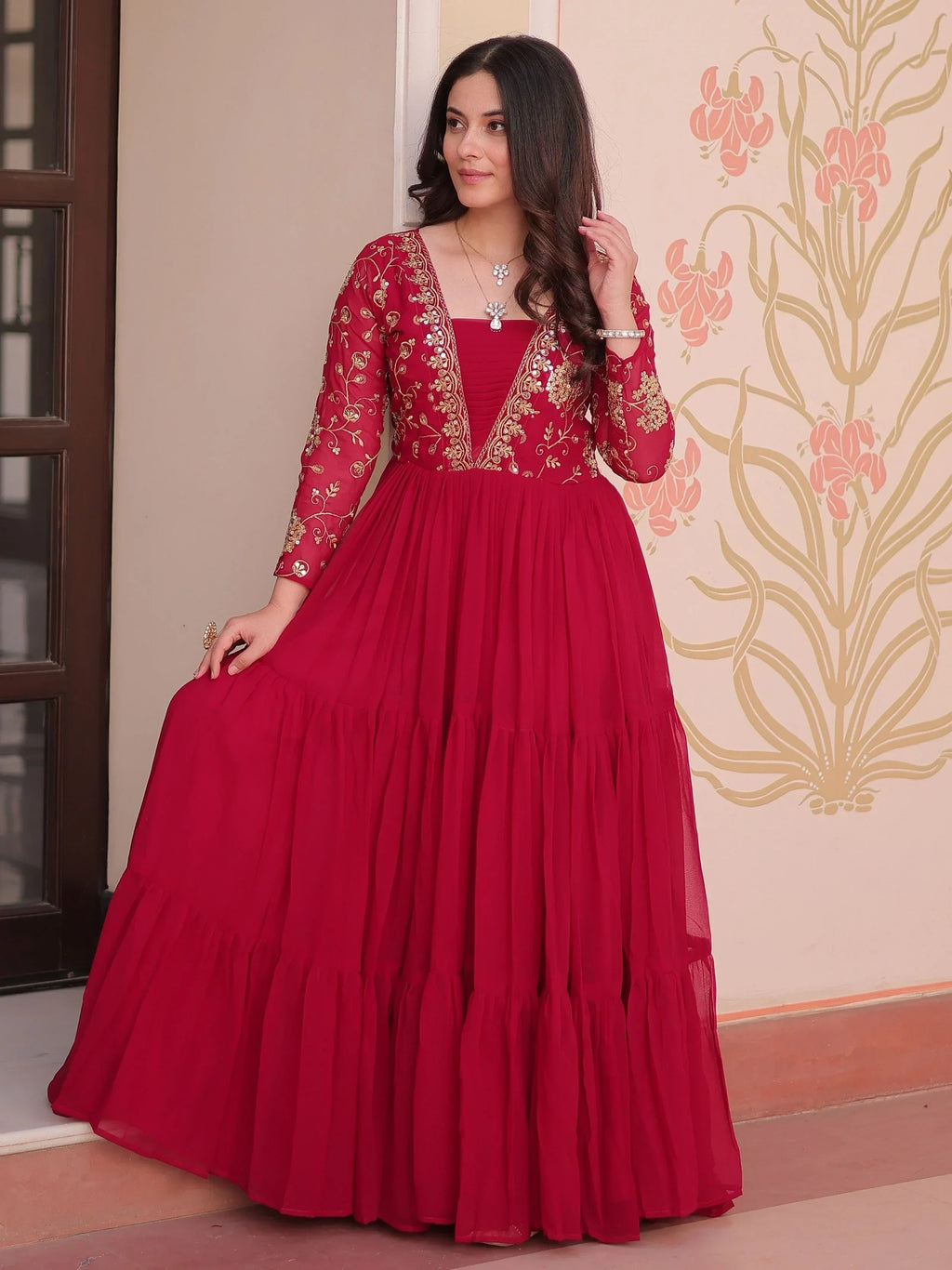 Pink Gorgeous Georgette Sequins Traditional Anarkali Gown
