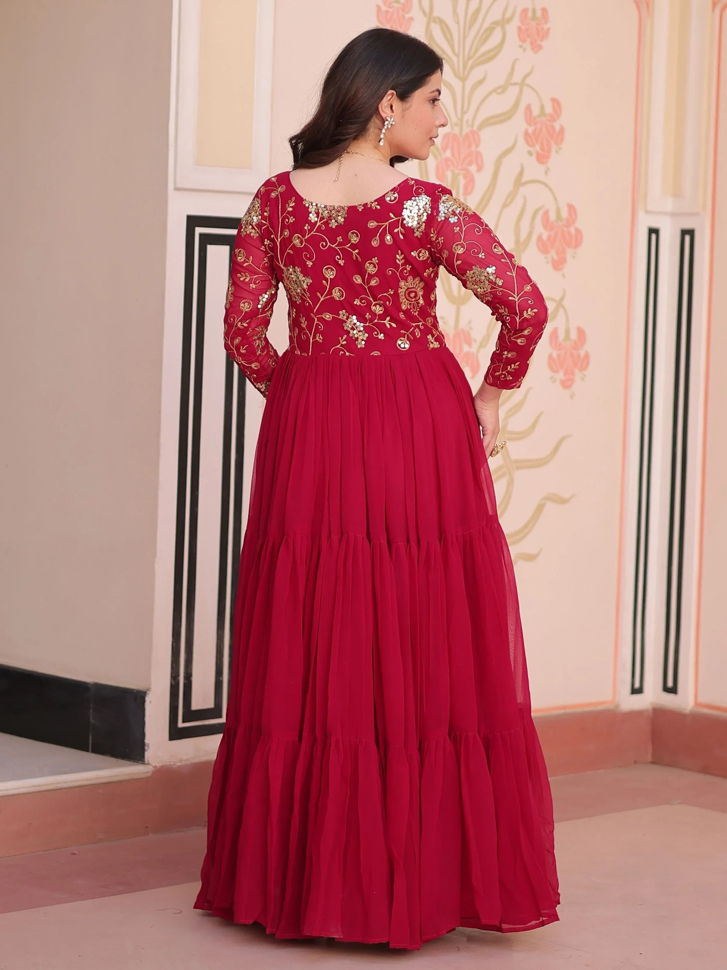 Pink Gorgeous Georgette Sequins Traditional Anarkali Gown