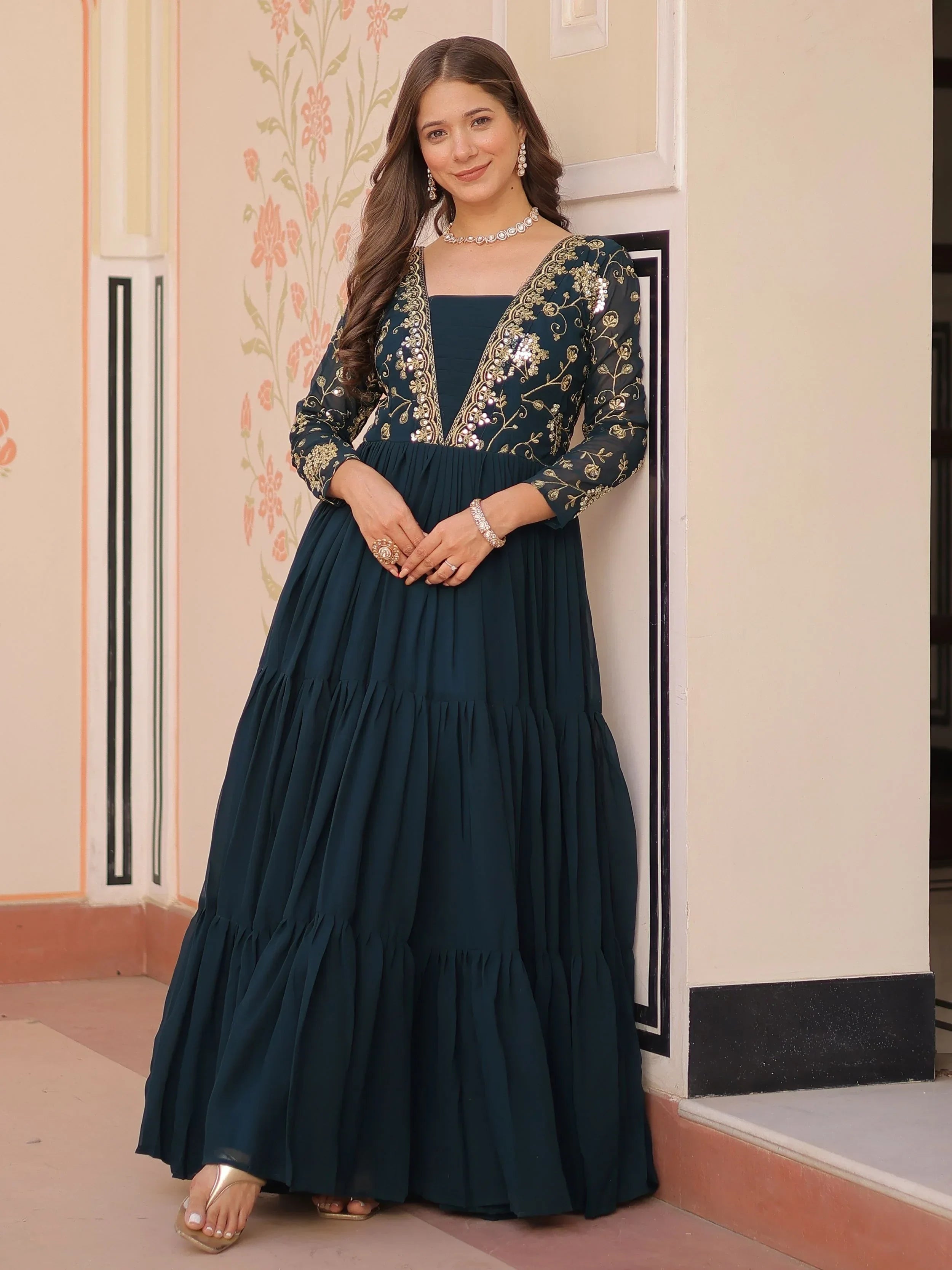Green Gorgeous Georgette Sequins Traditional Anarkali Gown
