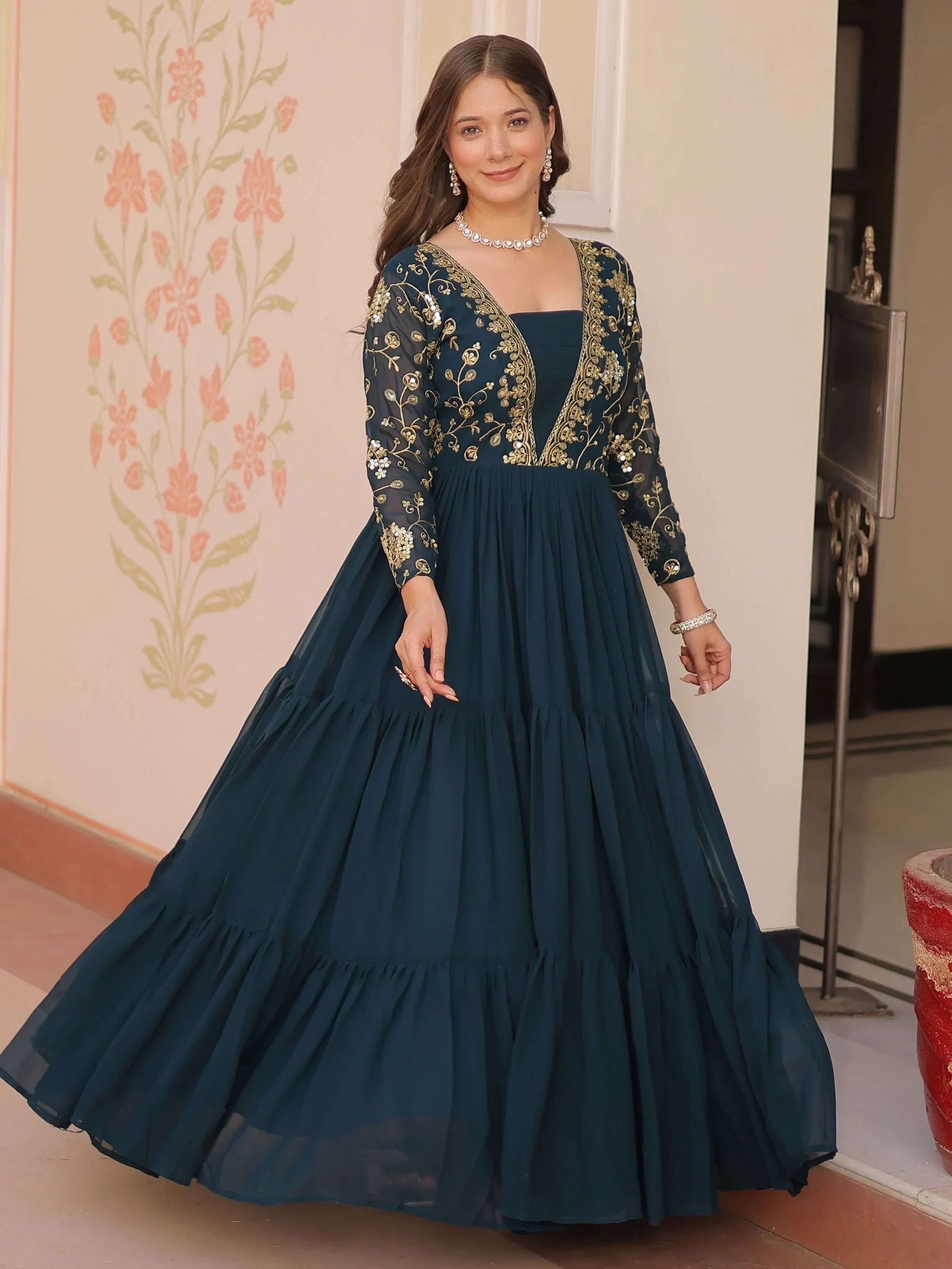Green Gorgeous Georgette Sequins Traditional Anarkali Gown
