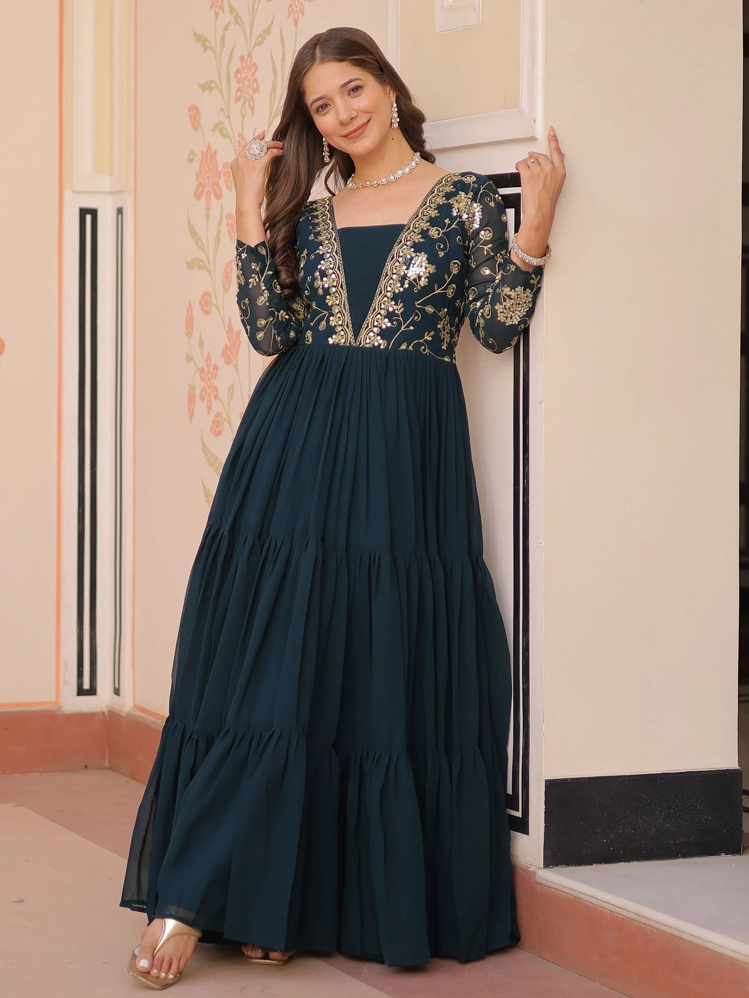 Green Gorgeous Georgette Sequins Traditional Anarkali Gown