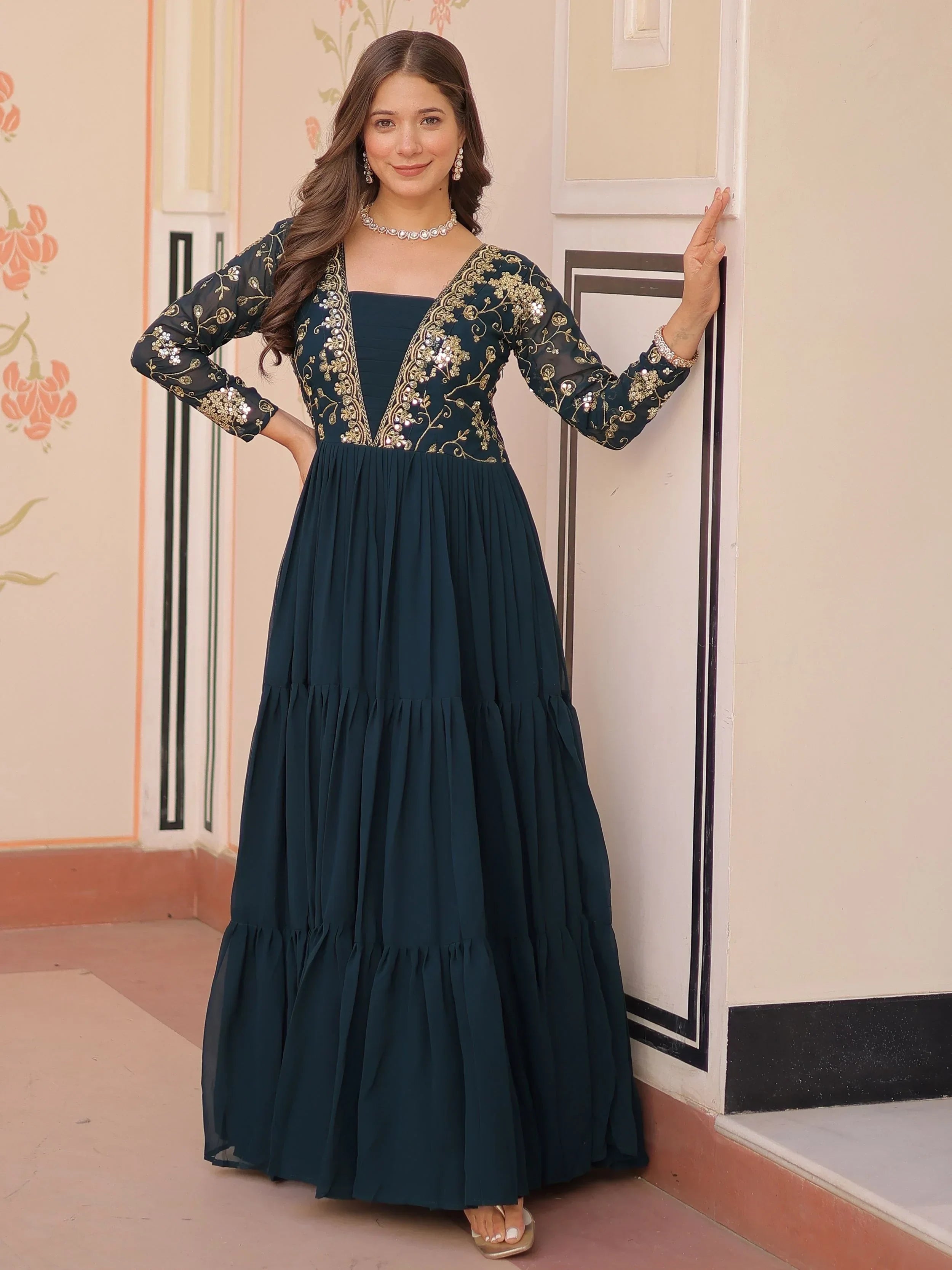 Green Gorgeous Georgette Sequins Traditional Anarkali Gown