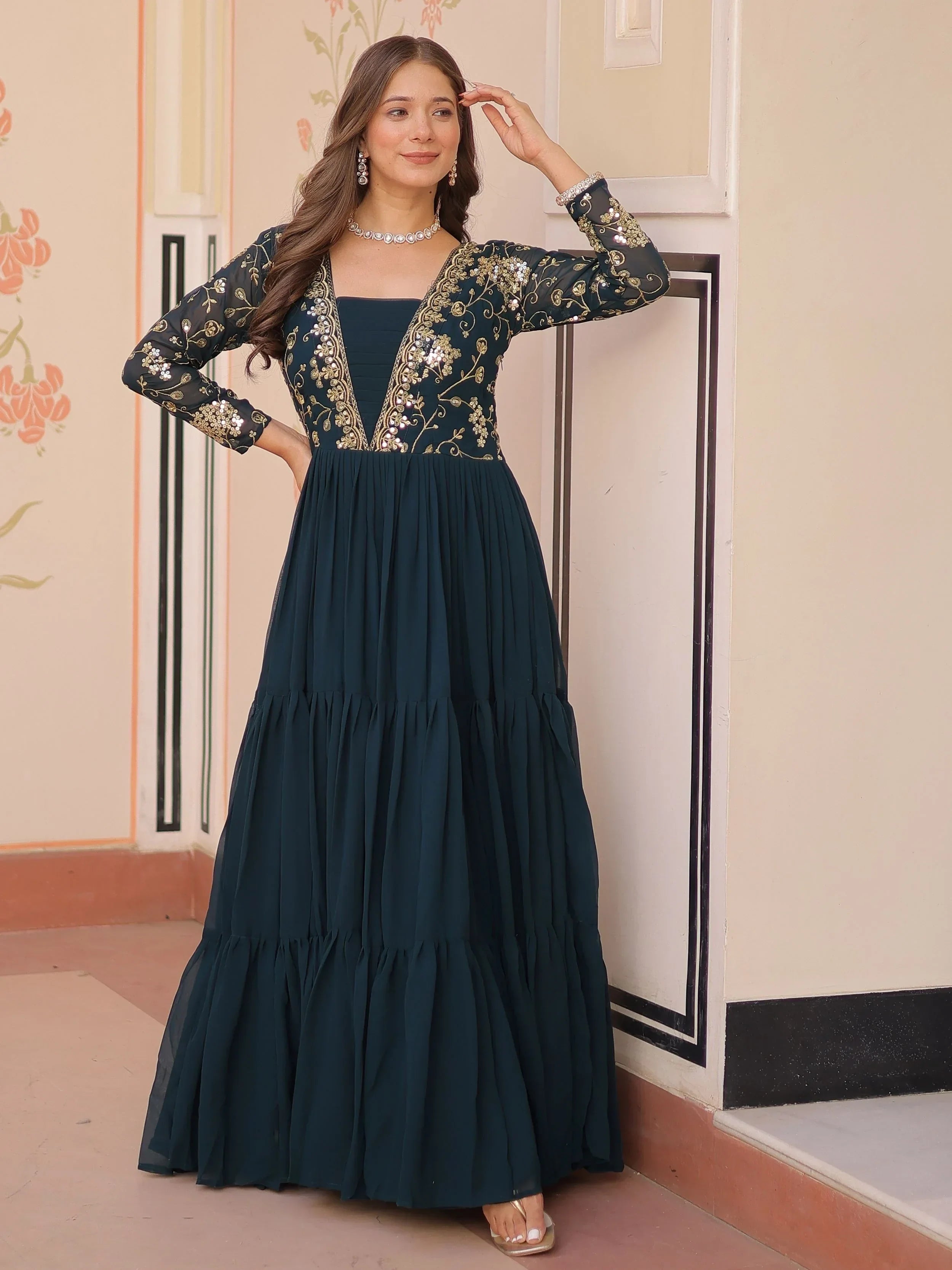 Green Gorgeous Georgette Sequins Traditional Anarkali Gown