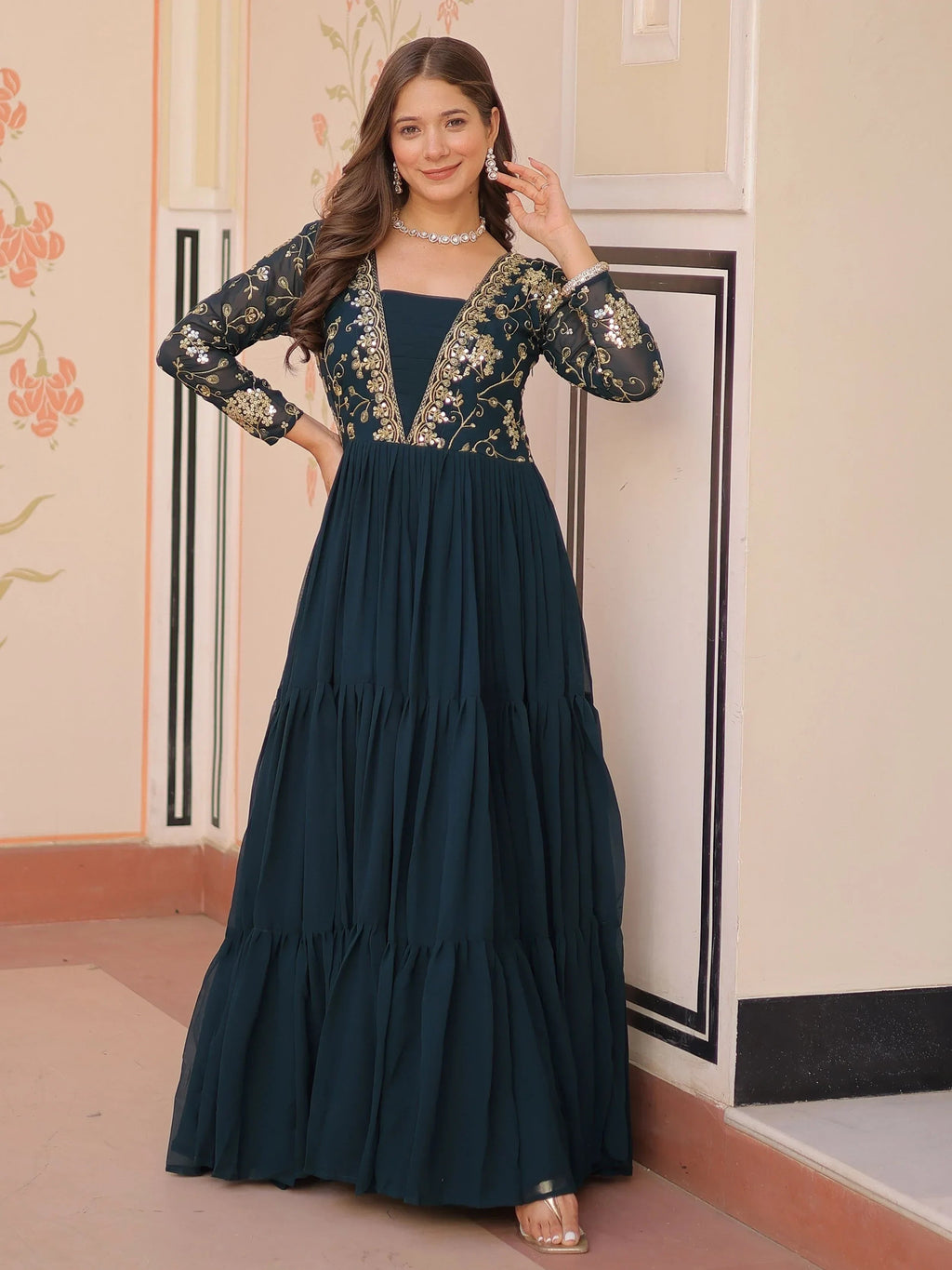 Green Gorgeous Georgette Sequins Traditional Anarkali Gown