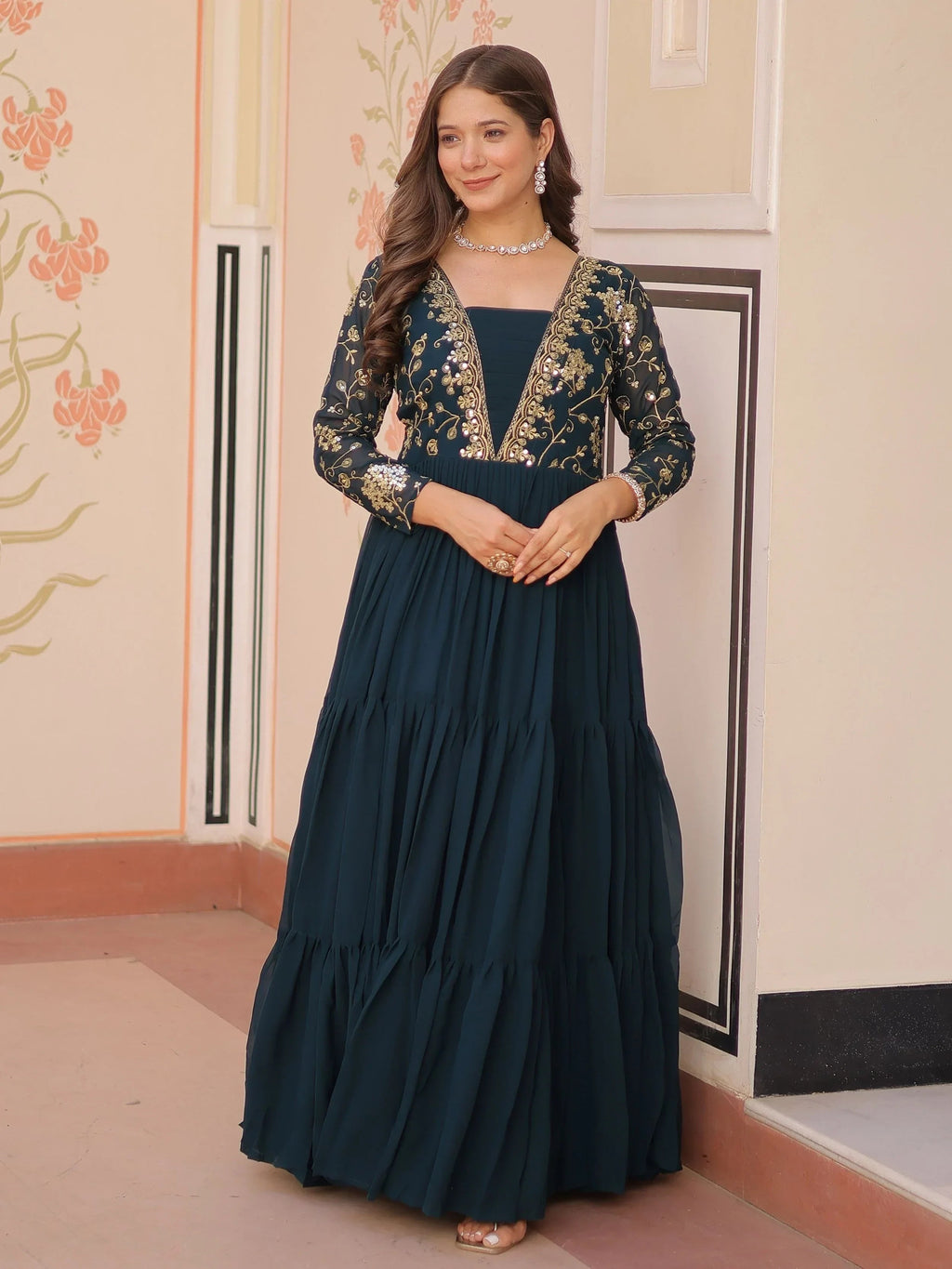 Green Gorgeous Georgette Sequins Traditional Anarkali Gown