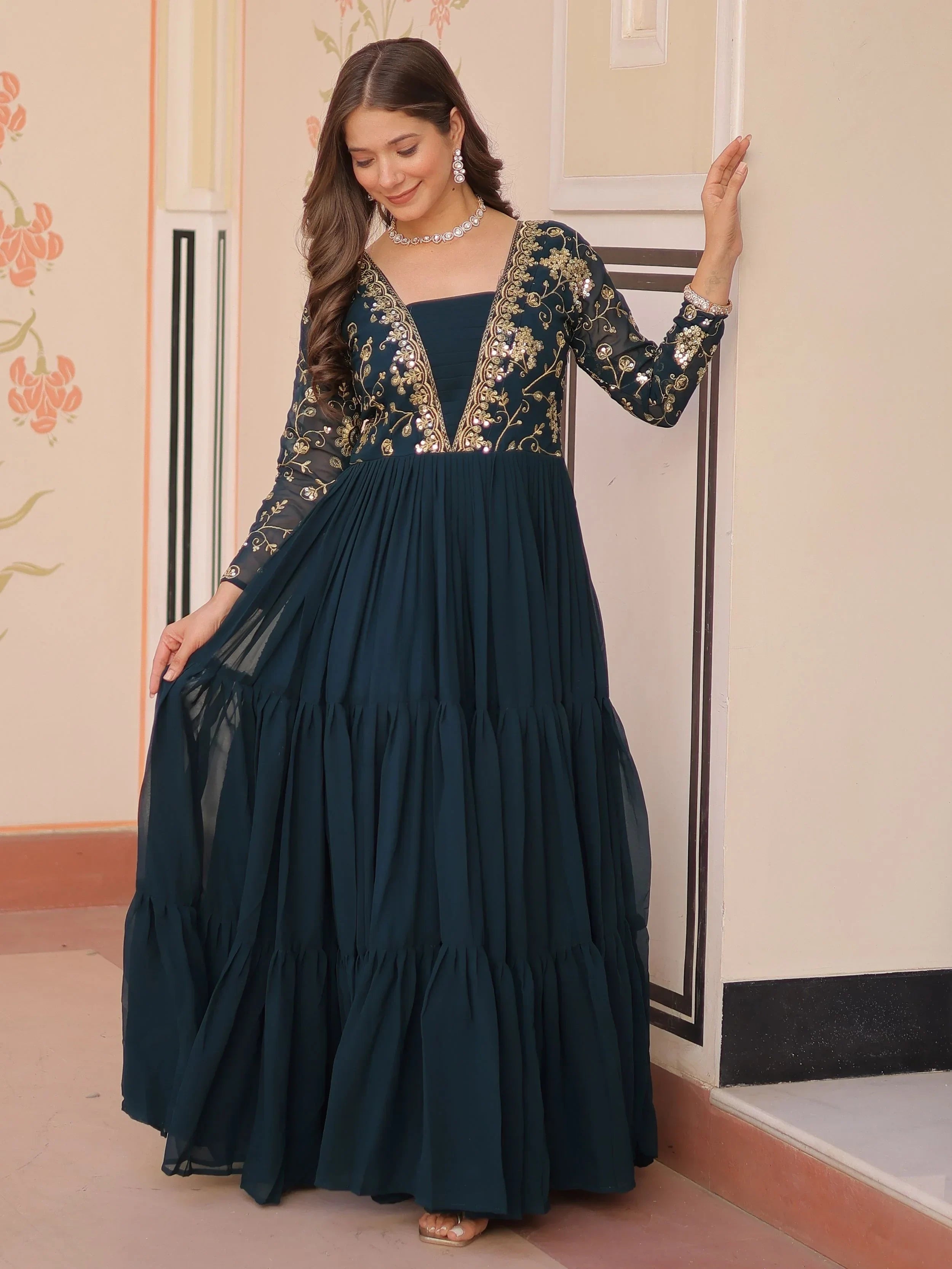 Green Gorgeous Georgette Sequins Traditional Anarkali Gown