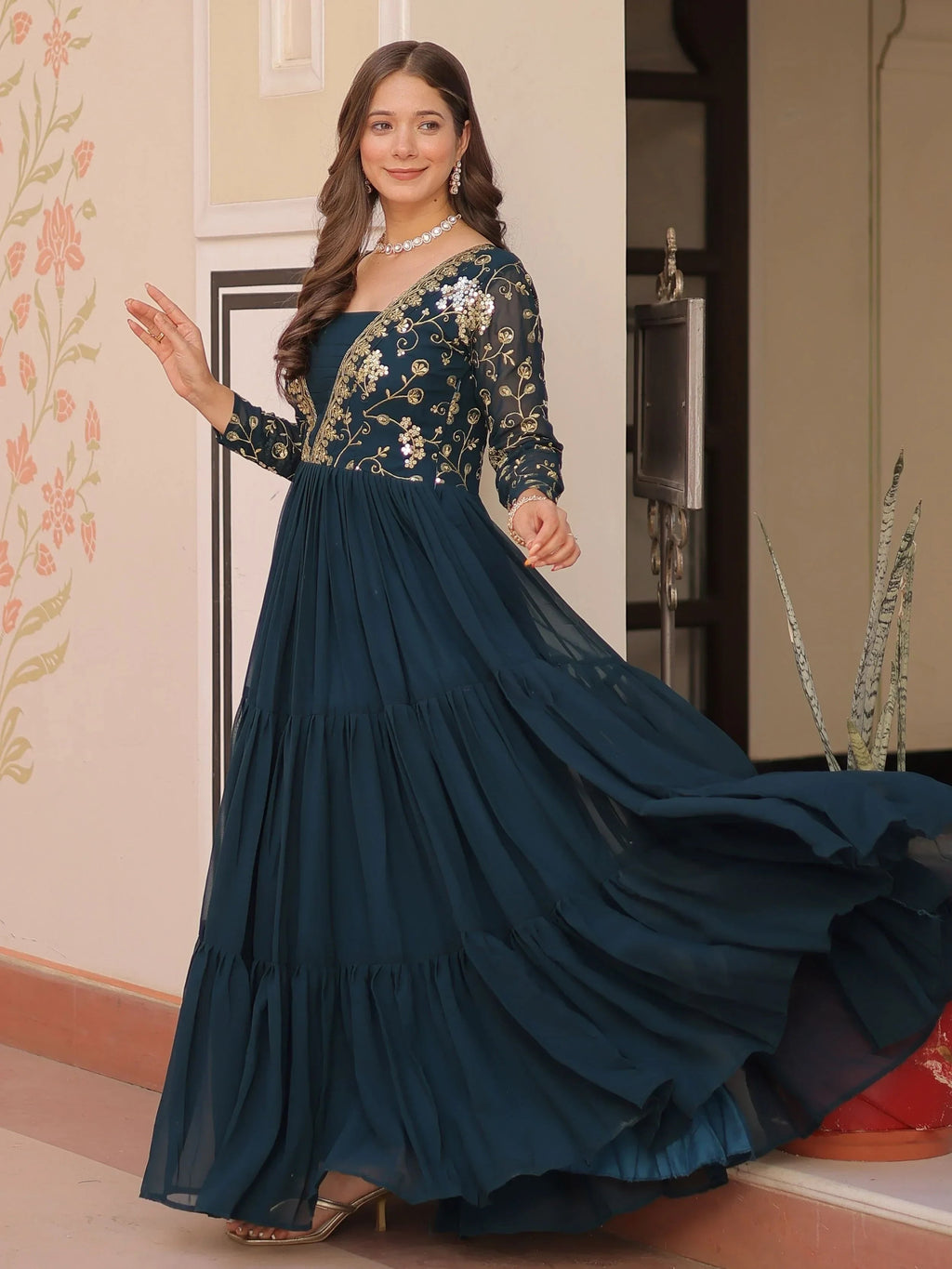 Green Gorgeous Georgette Sequins Traditional Anarkali Gown