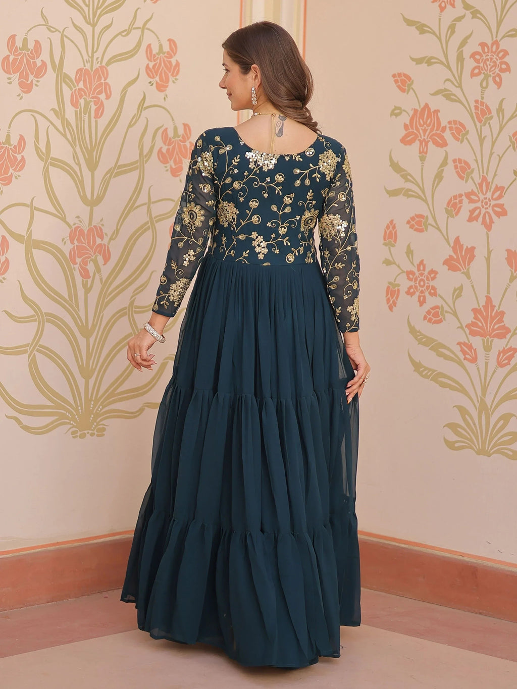 Green Gorgeous Georgette Sequins Traditional Anarkali Gown