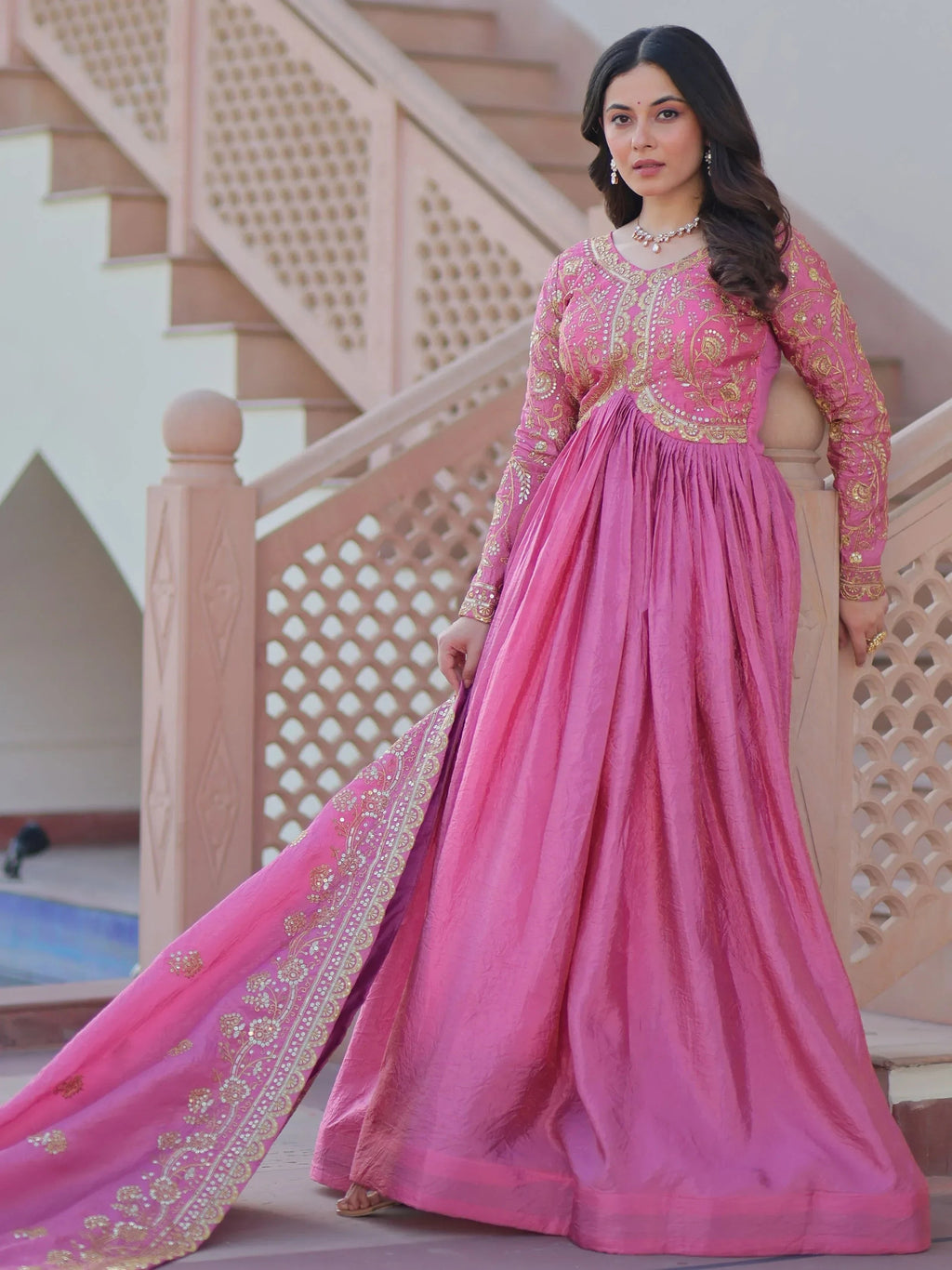 Pink Mesmerizing Organza Sequins Wedding Wear Gown With Dupatta