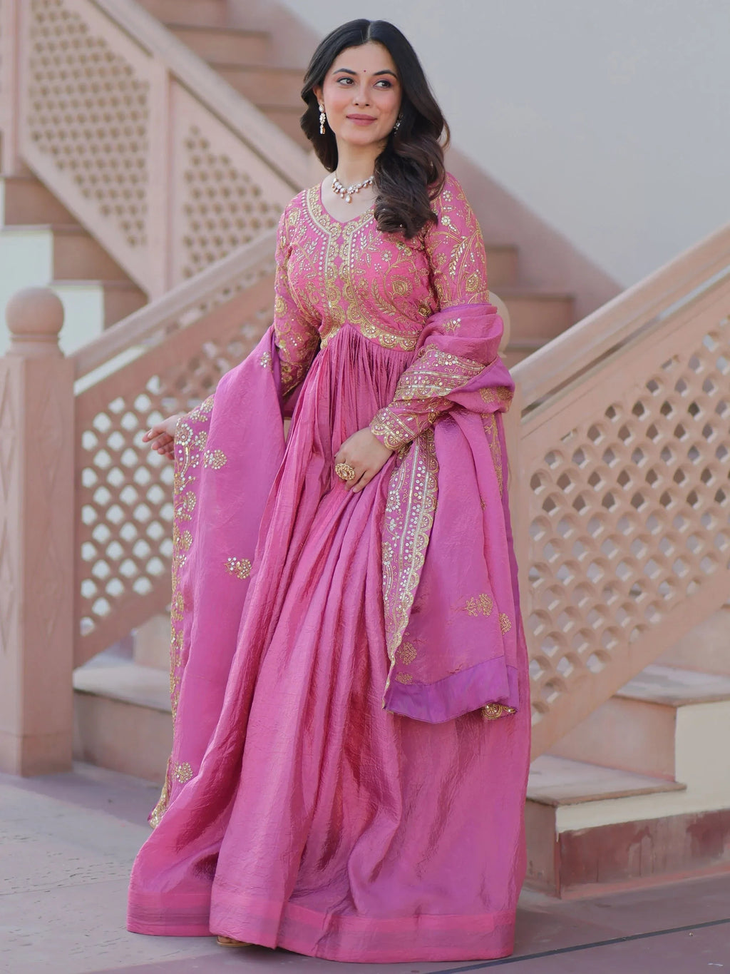 Pink Mesmerizing Organza Sequins Wedding Wear Gown With Dupatta