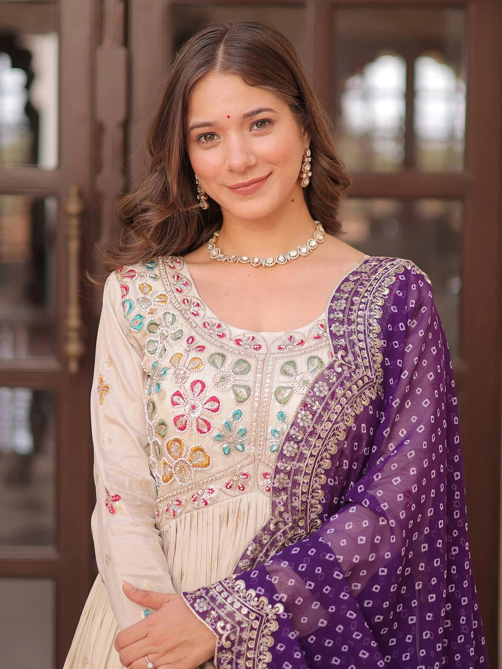 Chic Cream Embroidered Silk Gown With Bandhani Dupatta