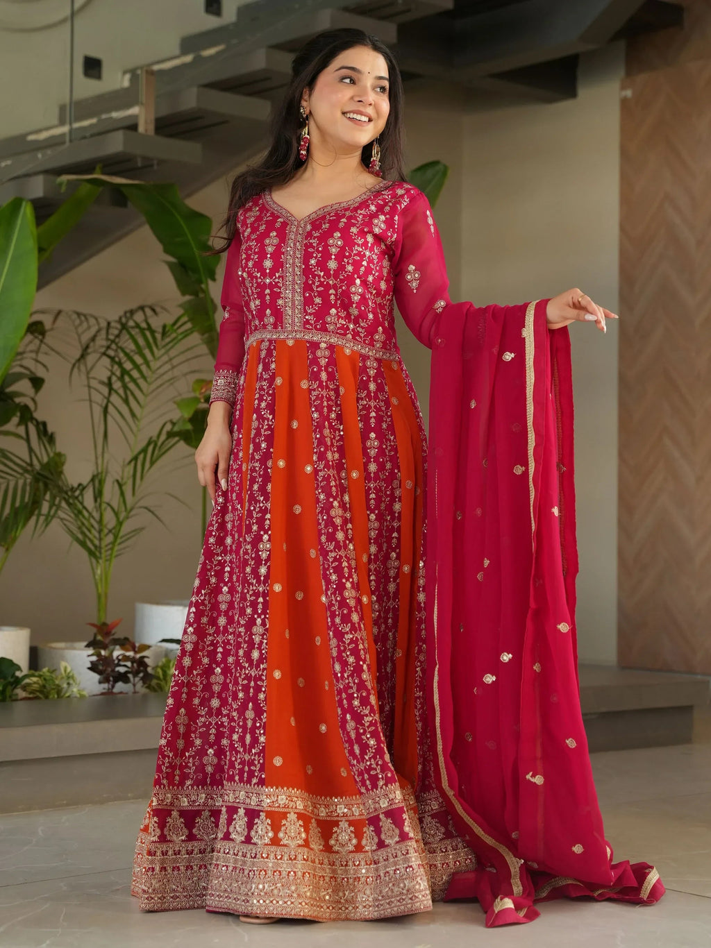 Pink Adorable Georgette Sequins Embroidered Gown With Dupatta