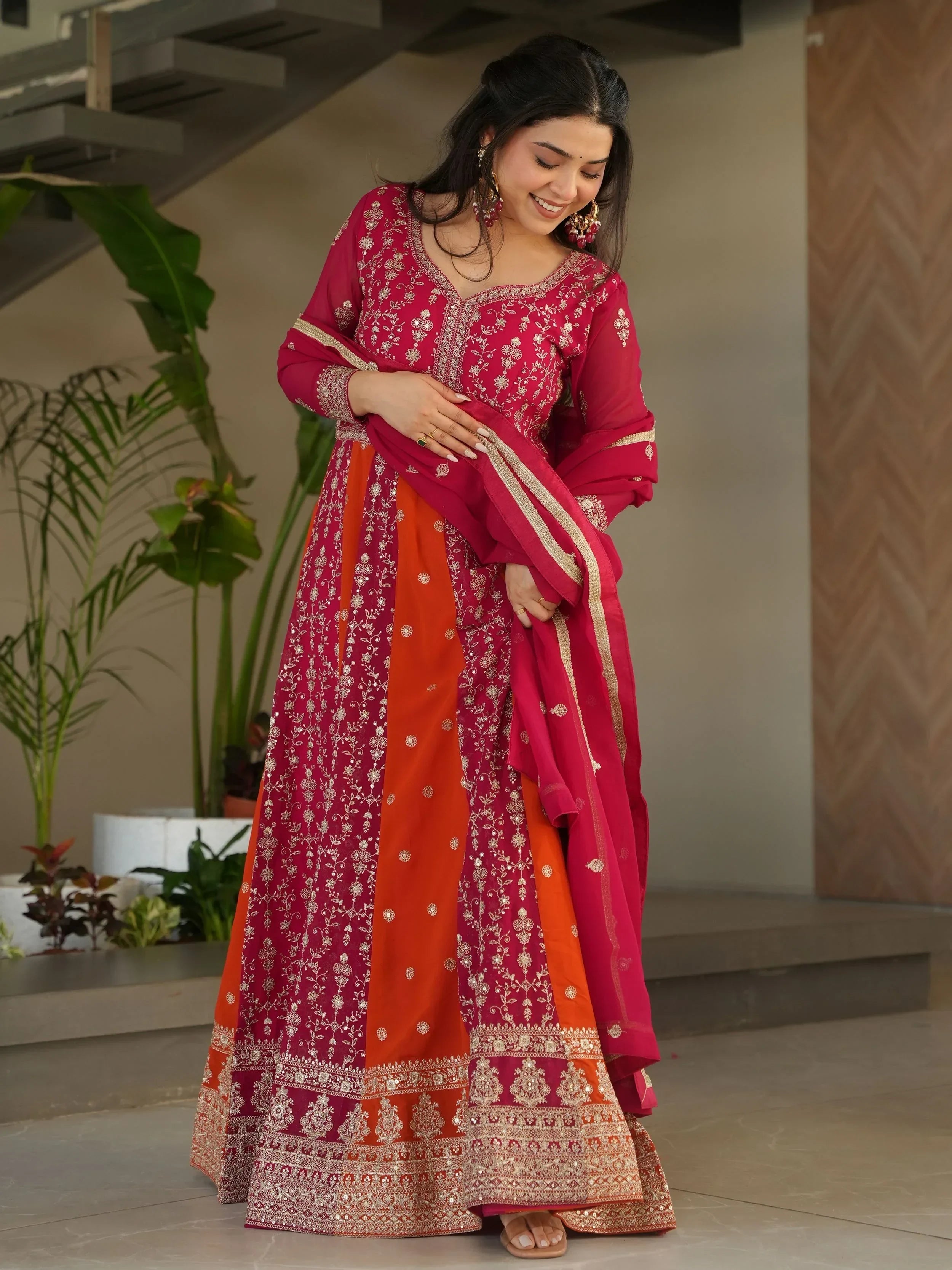 Pink Adorable Georgette Sequins Embroidered Gown With Dupatta