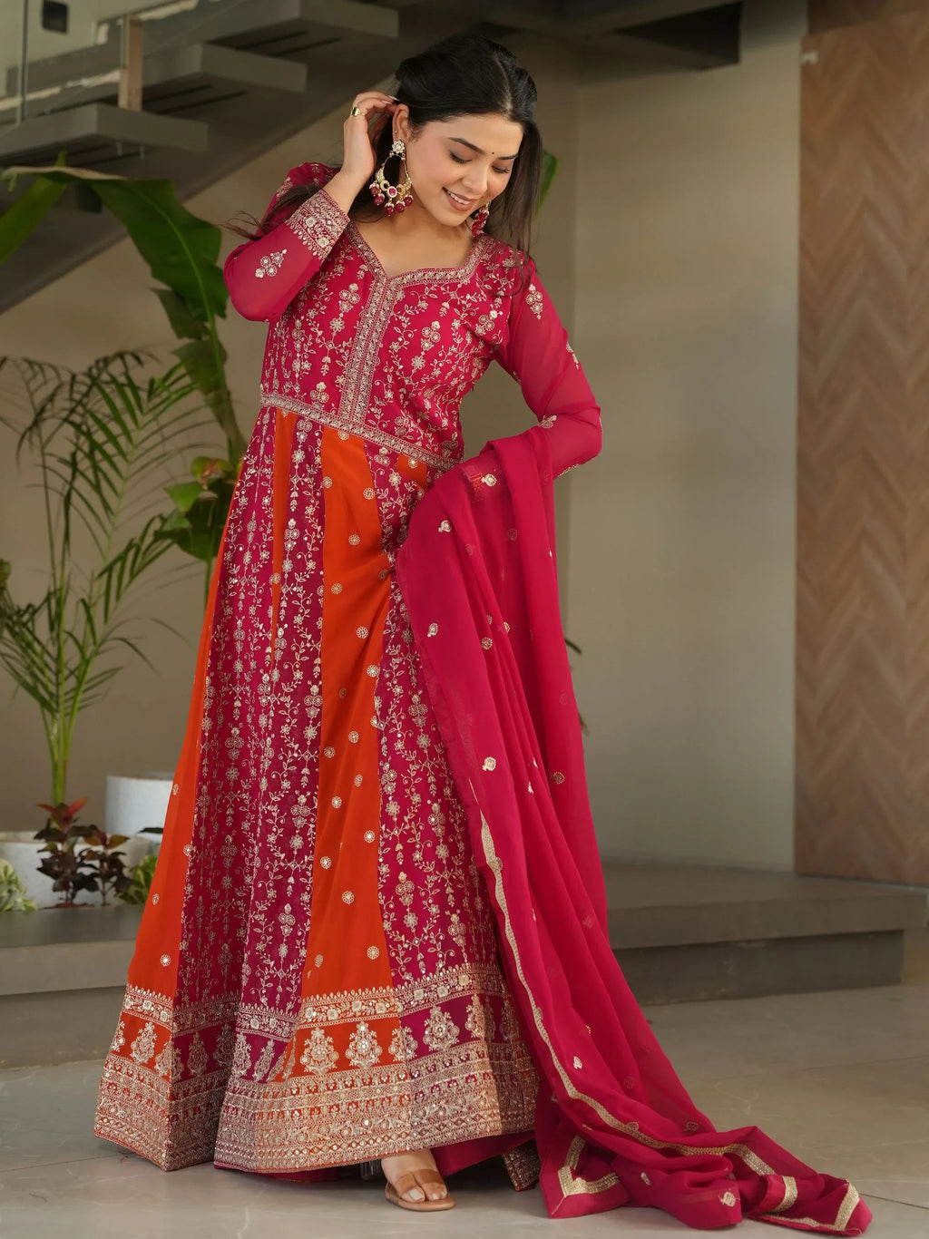 Pink Adorable Georgette Sequins Embroidered Gown With Dupatta