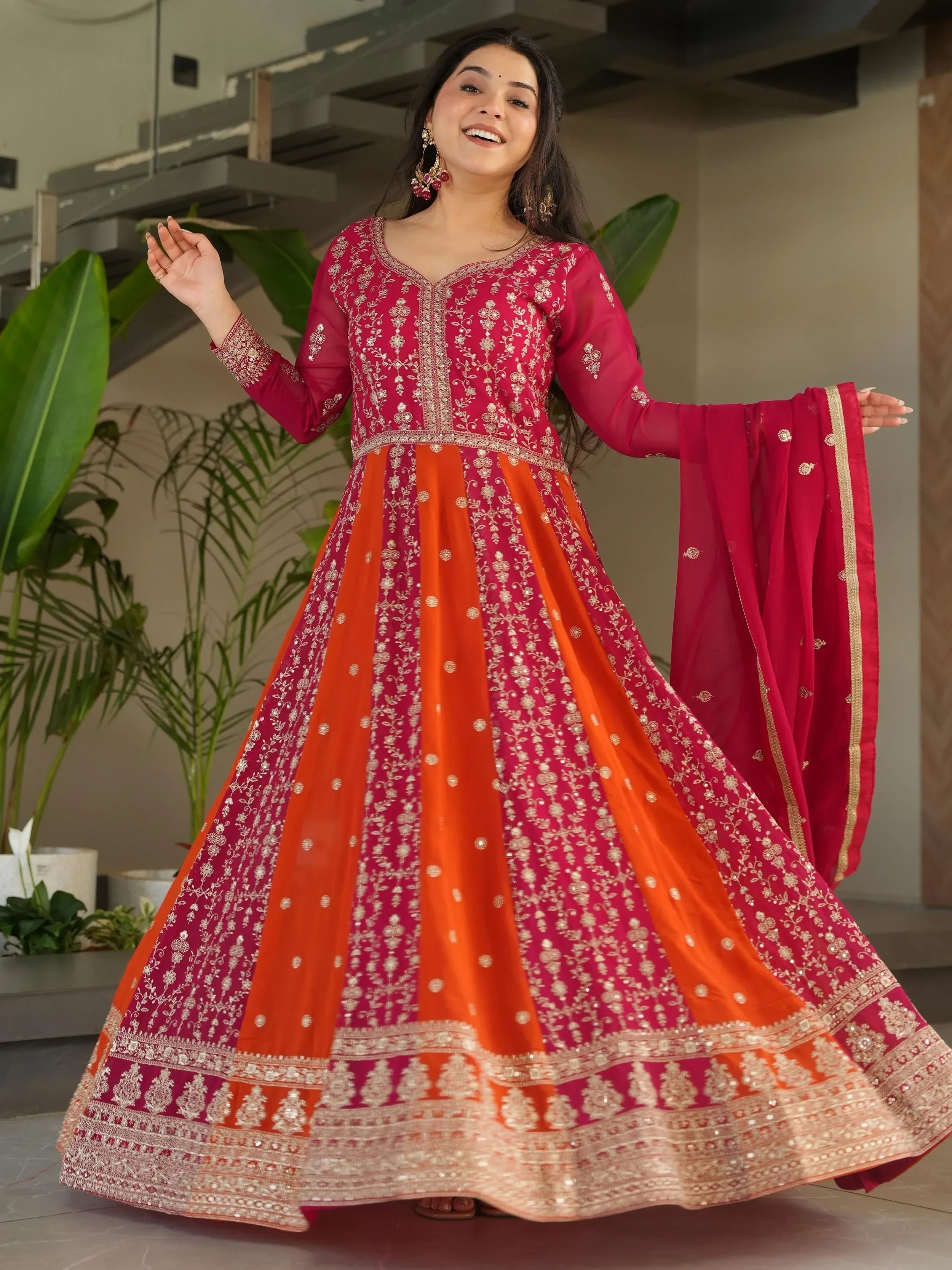 Pink Adorable Georgette Sequins Embroidered Gown With Dupatta