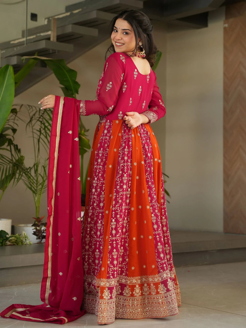 Pink Adorable Georgette Sequins Embroidered Gown With Dupatta