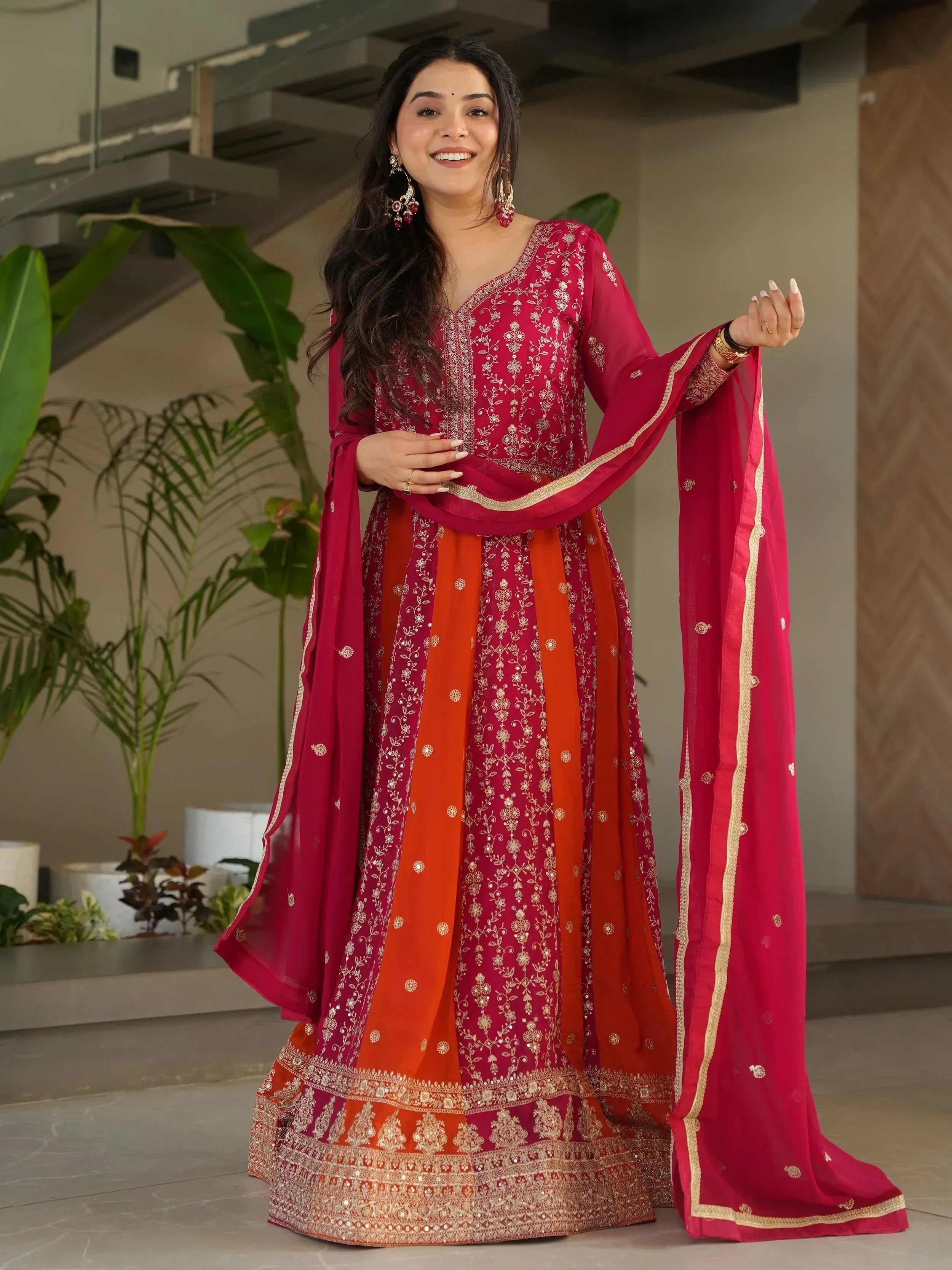 Pink Adorable Georgette Sequins Embroidered Gown With Dupatta