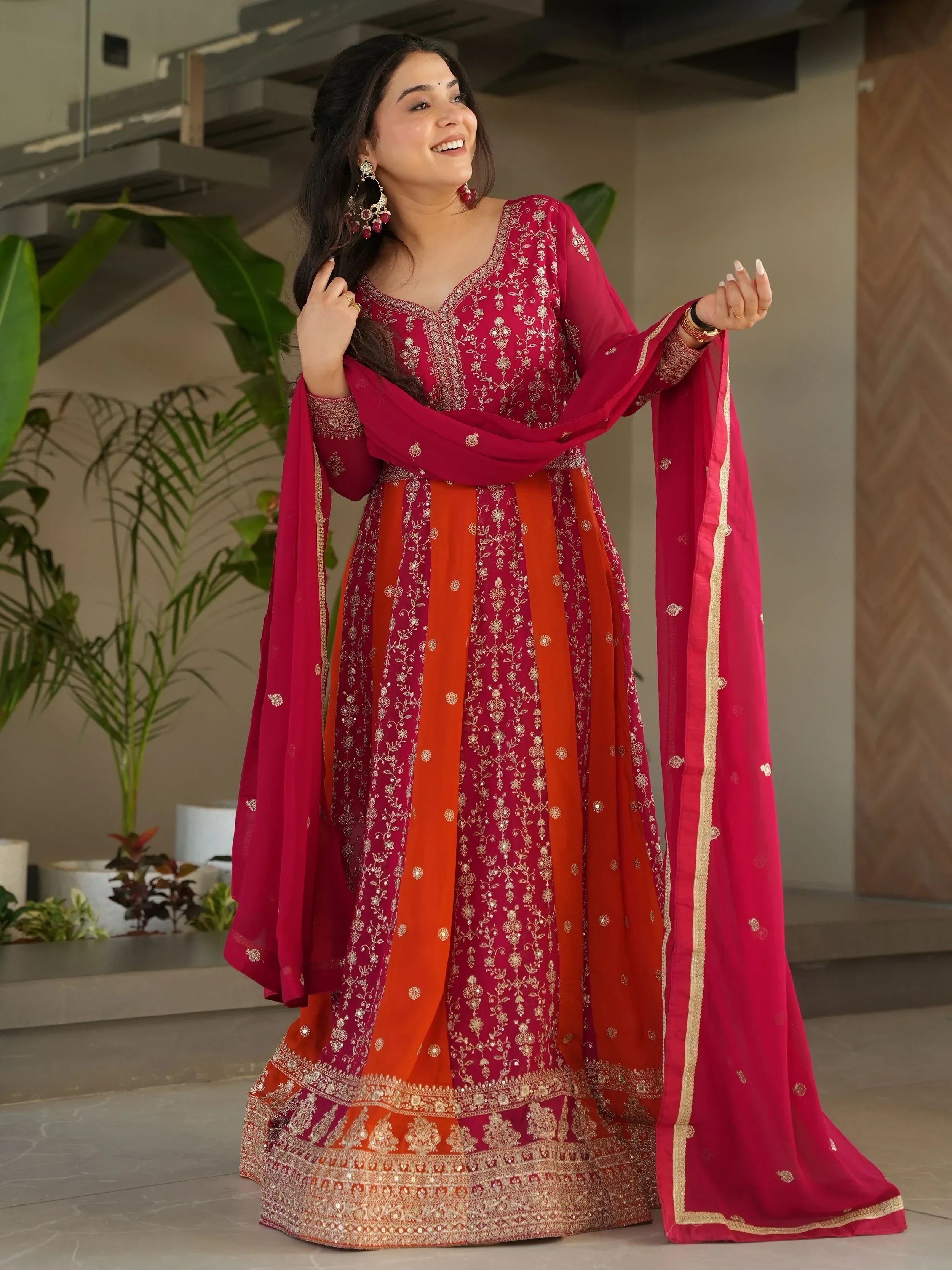 Pink Adorable Georgette Sequins Embroidered Gown With Dupatta