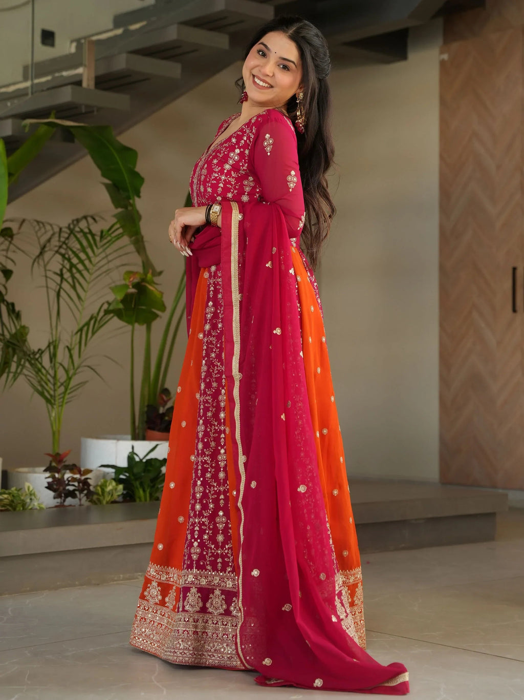Pink Adorable Georgette Sequins Embroidered Gown With Dupatta