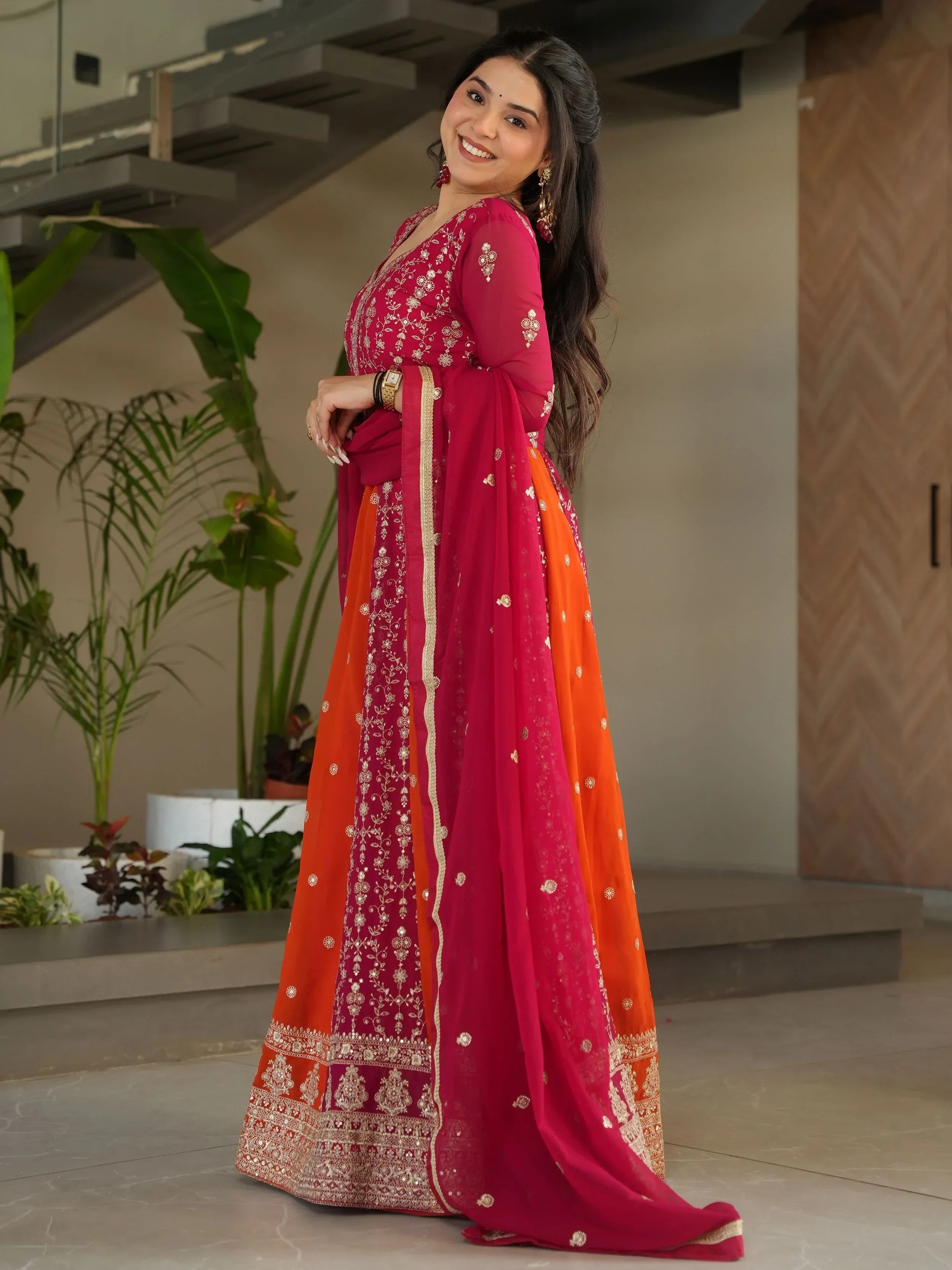 Pink Adorable Georgette Sequins Embroidered Gown With Dupatta