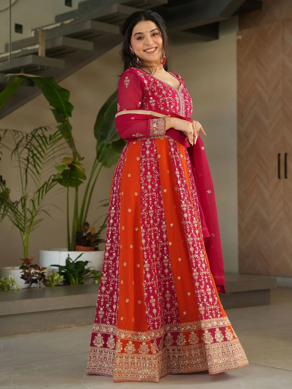 Pink Adorable Georgette Sequins Embroidered Gown With Dupatta
