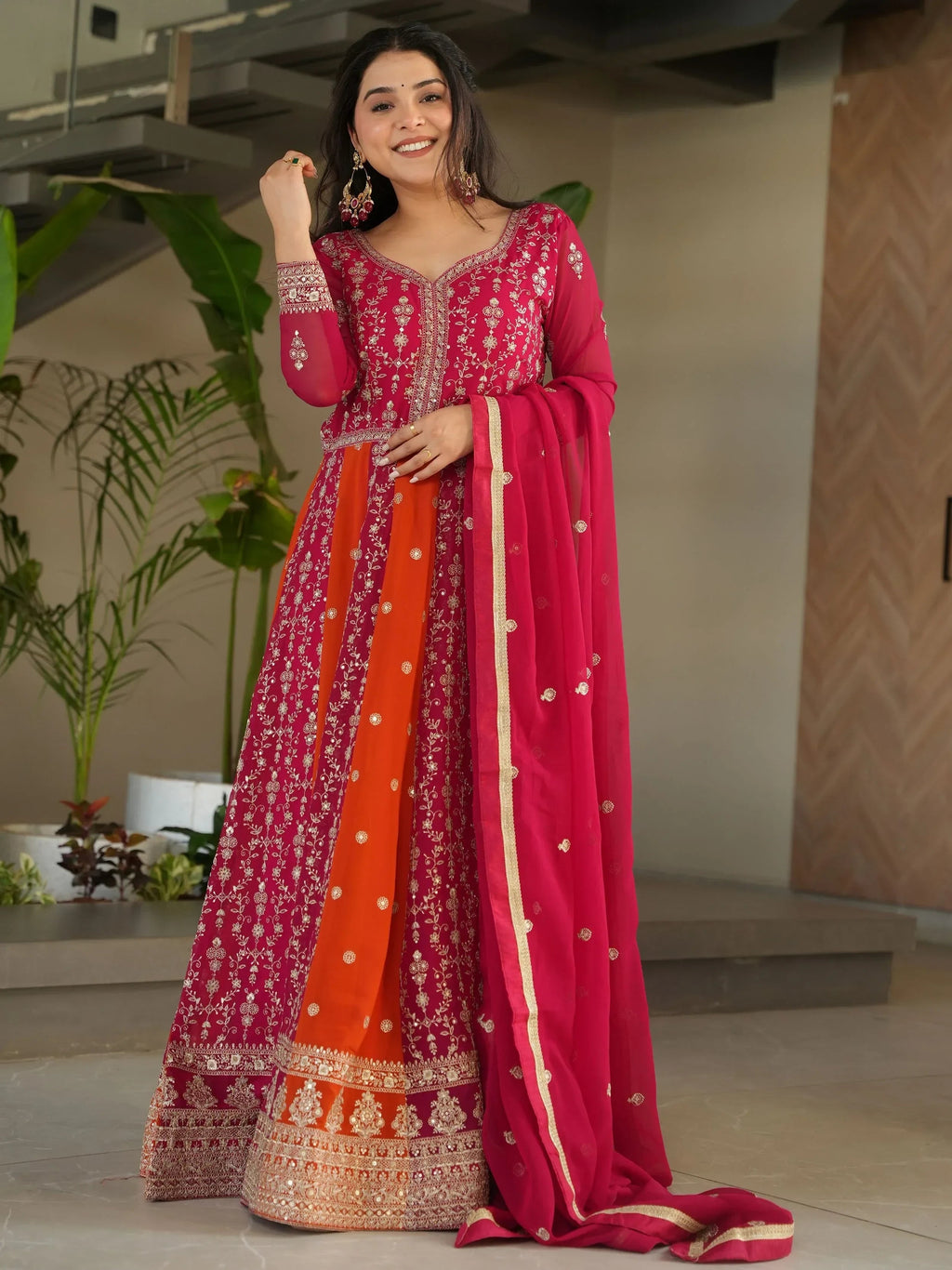 Pink Adorable Georgette Sequins Embroidered Gown With Dupatta