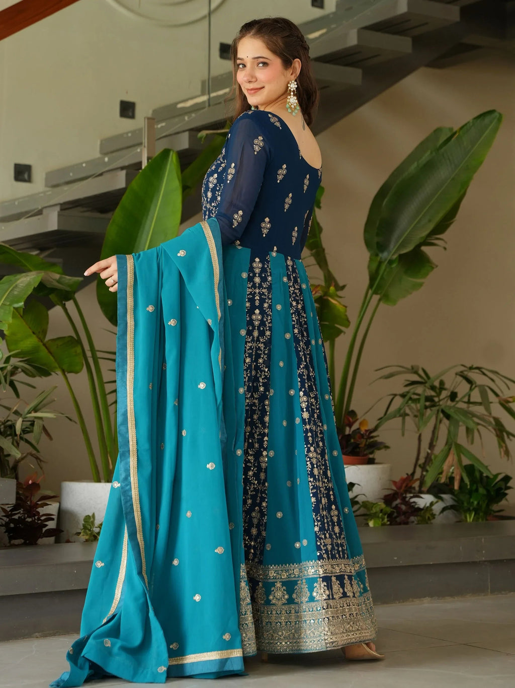 Blue Adorable Georgette Sequins Embroidered Gown With Dupatta