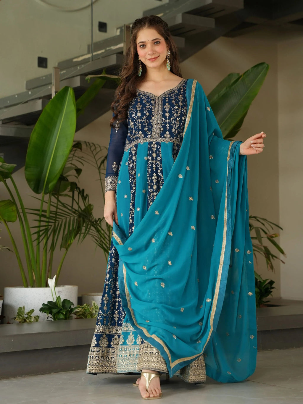 Blue Adorable Georgette Sequins Embroidered Gown With Dupatta