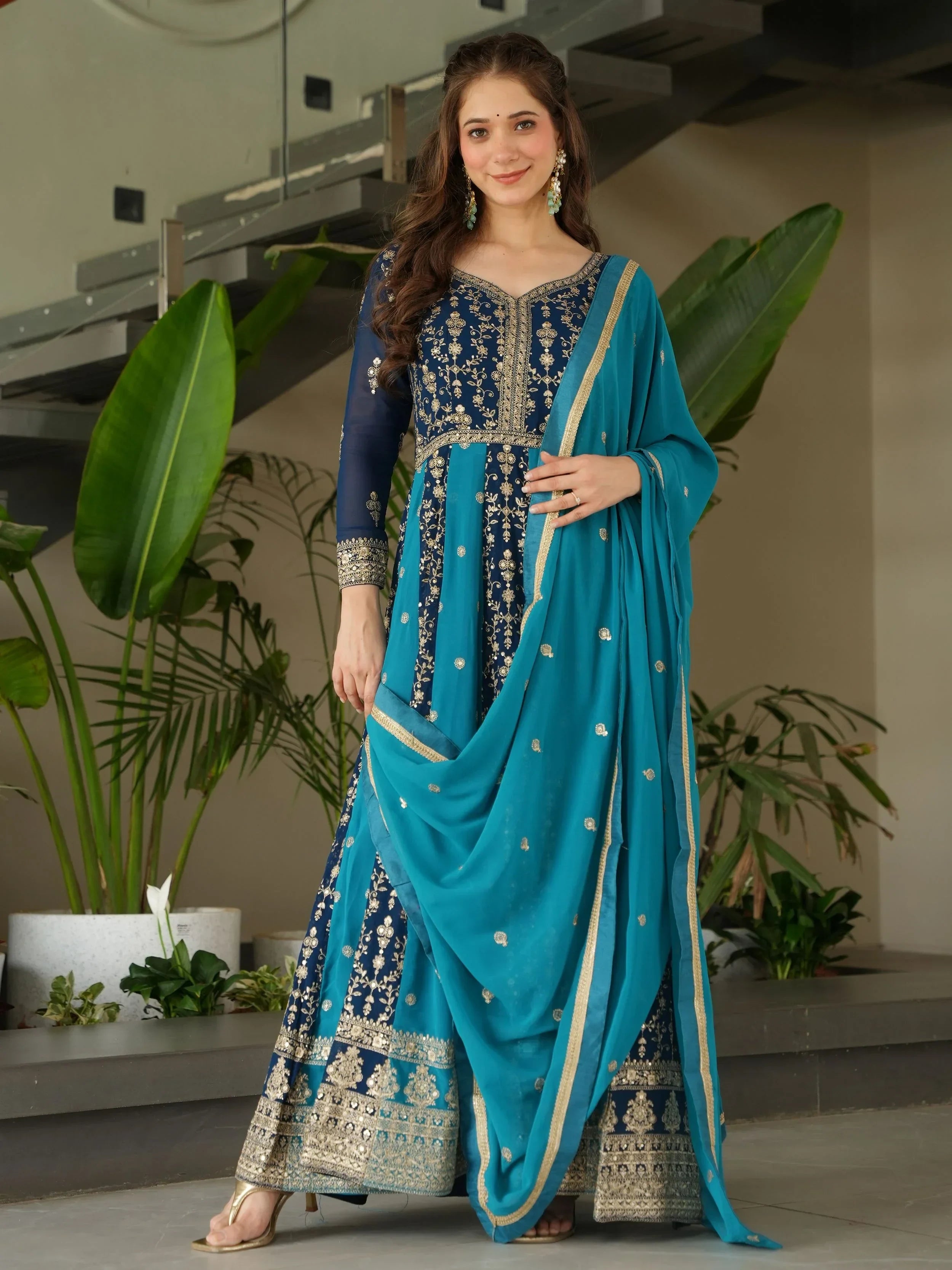 Blue Adorable Georgette Sequins Embroidered Gown With Dupatta