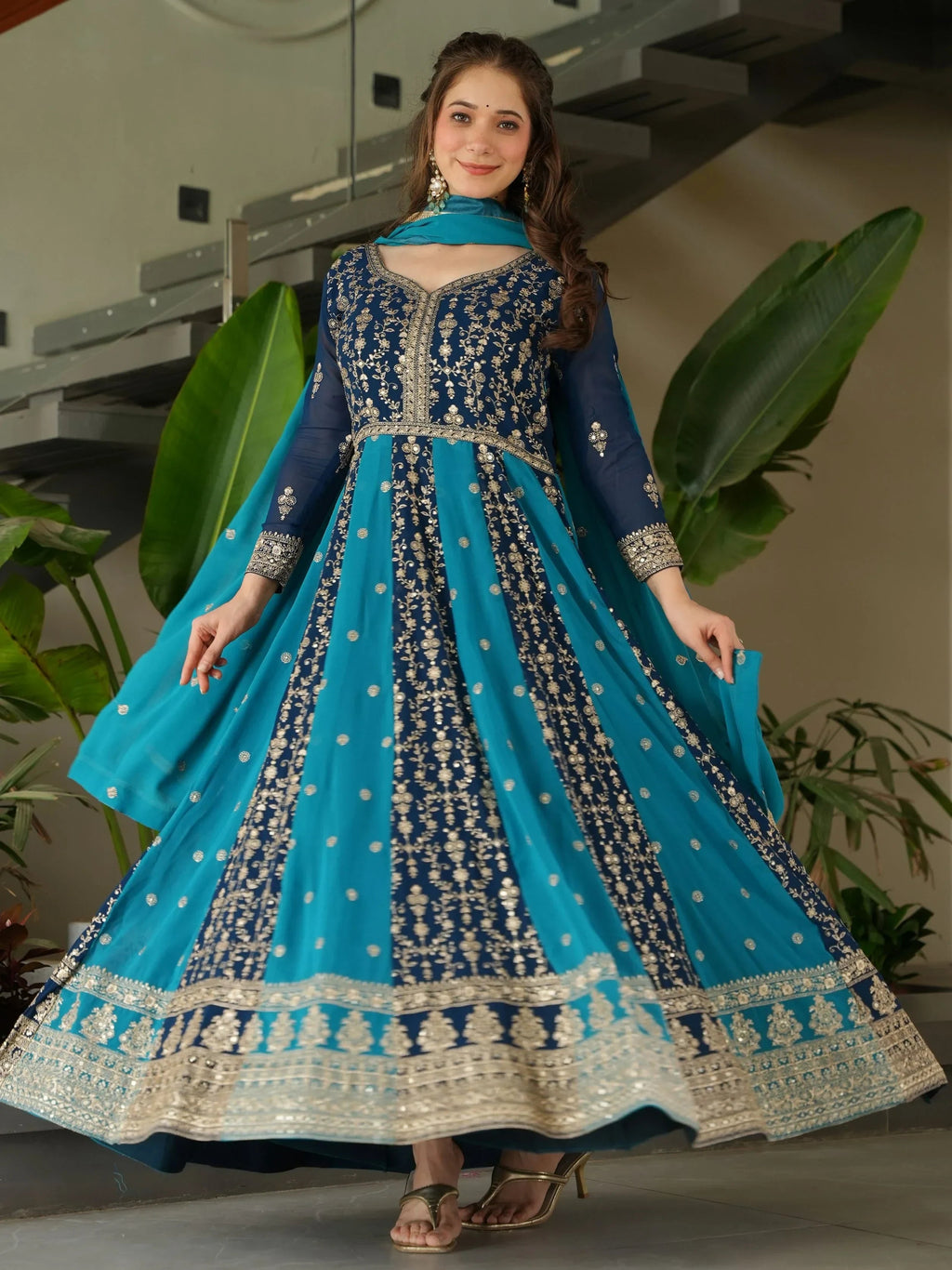 Blue Adorable Georgette Sequins Embroidered Gown With Dupatta