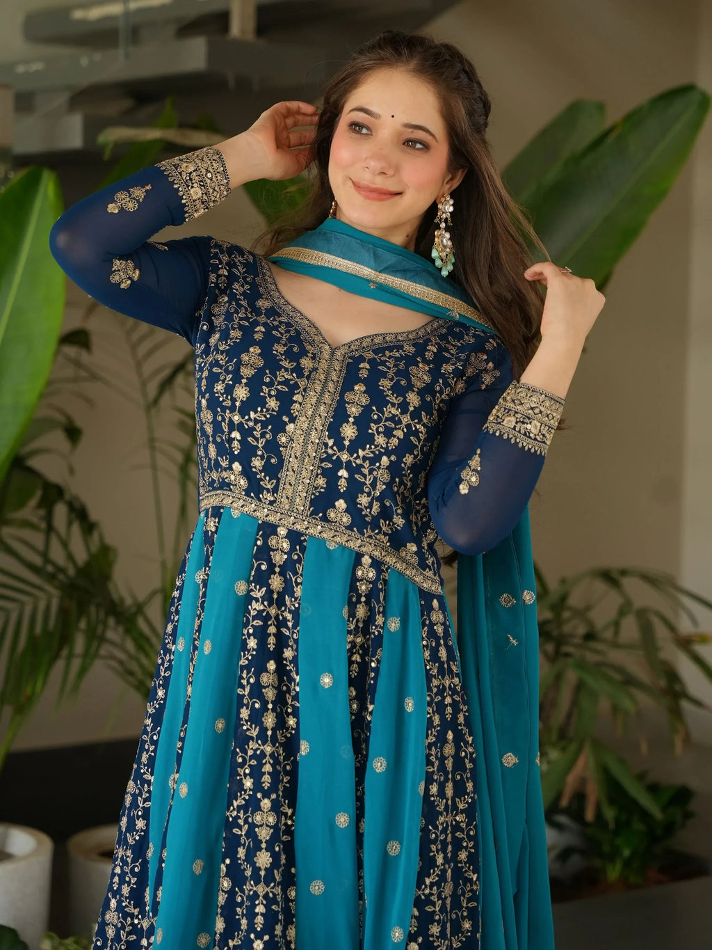 Blue Adorable Georgette Sequins Embroidered Gown With Dupatta
