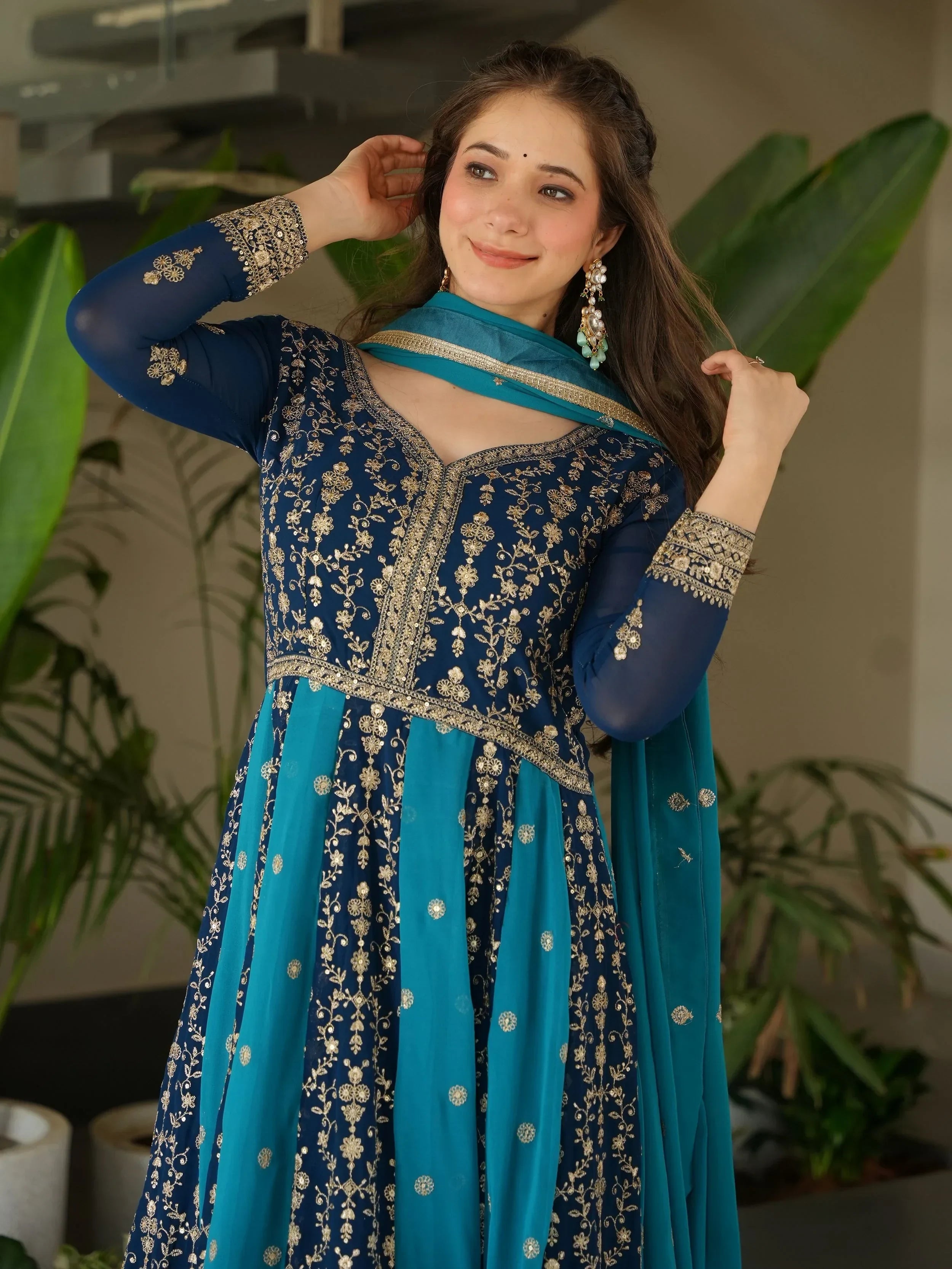 Blue Adorable Georgette Sequins Embroidered Gown With Dupatta