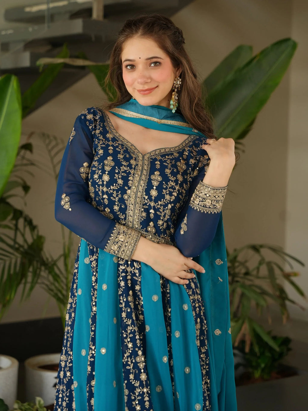 Blue Adorable Georgette Sequins Embroidered Gown With Dupatta