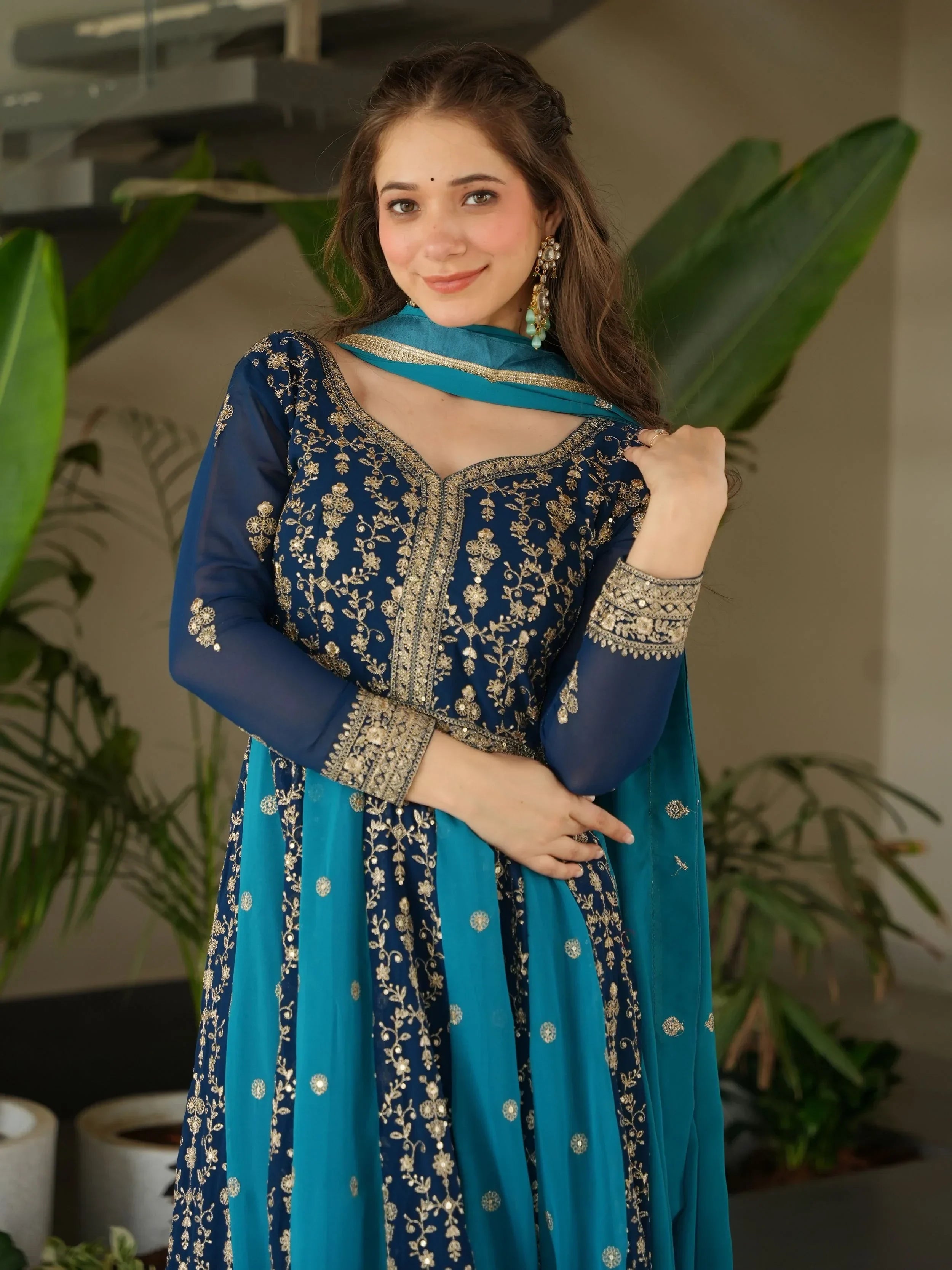 Blue Adorable Georgette Sequins Embroidered Gown With Dupatta