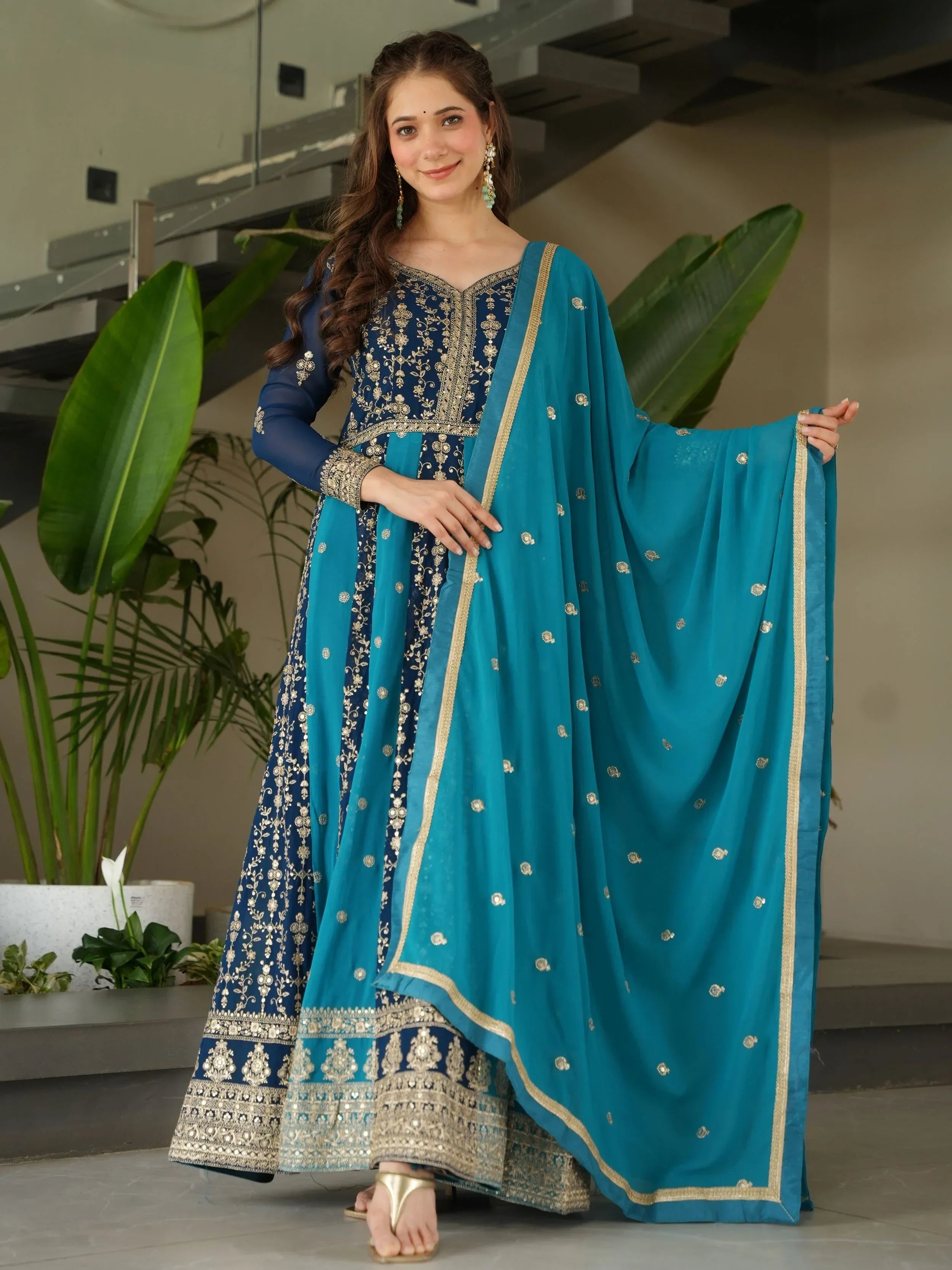 Blue Adorable Georgette Sequins Embroidered Gown With Dupatta