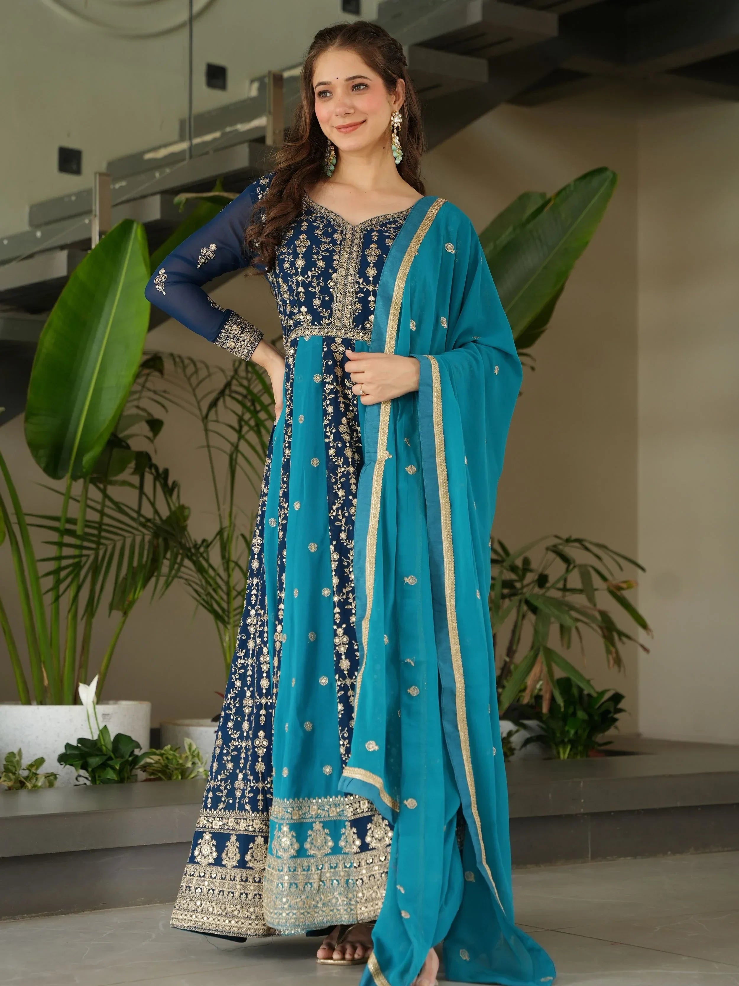 Blue Adorable Georgette Sequins Embroidered Gown With Dupatta