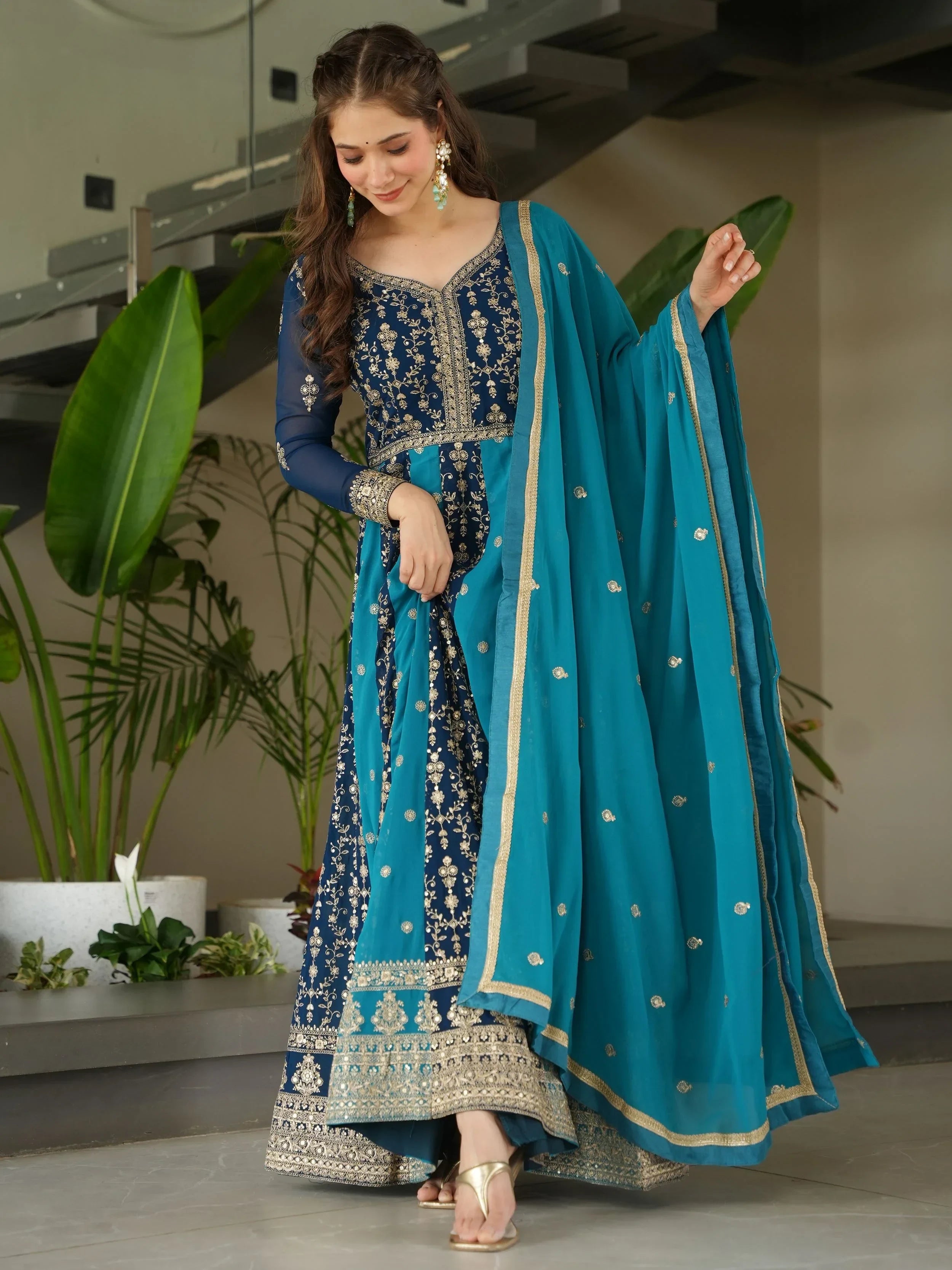 Blue Adorable Georgette Sequins Embroidered Gown With Dupatta