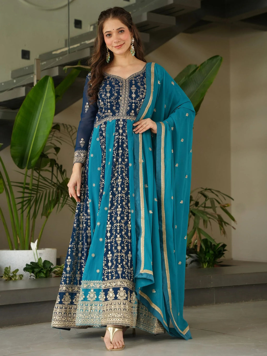 Blue Adorable Georgette Sequins Embroidered Gown With Dupatta