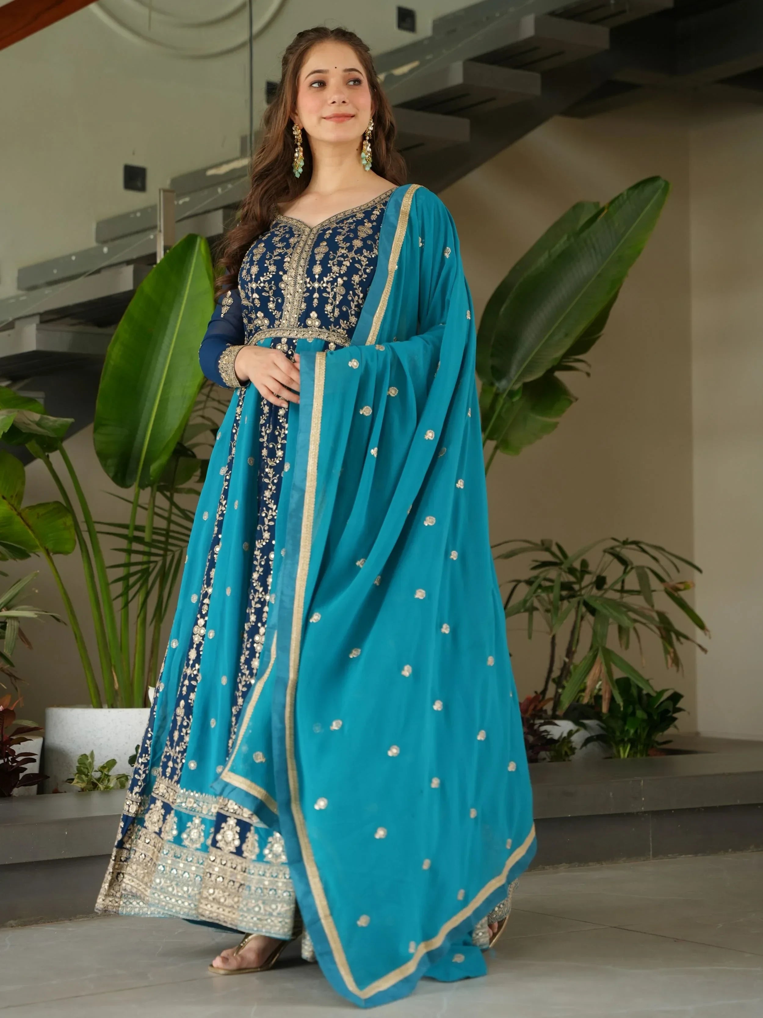 Blue Adorable Georgette Sequins Embroidered Gown With Dupatta