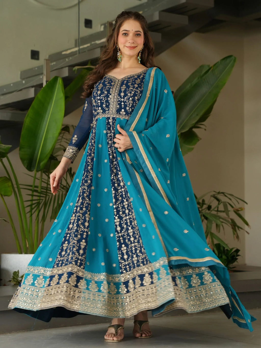 Blue Adorable Georgette Sequins Embroidered Gown With Dupatta