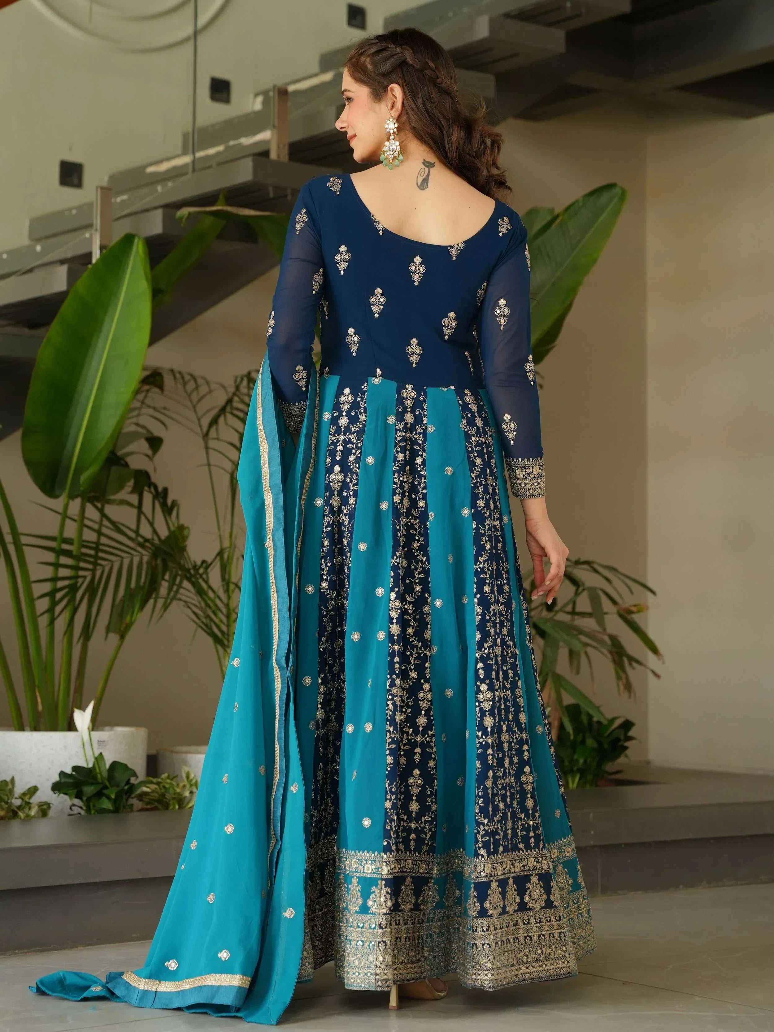 Blue Adorable Georgette Sequins Embroidered Gown With Dupatta
