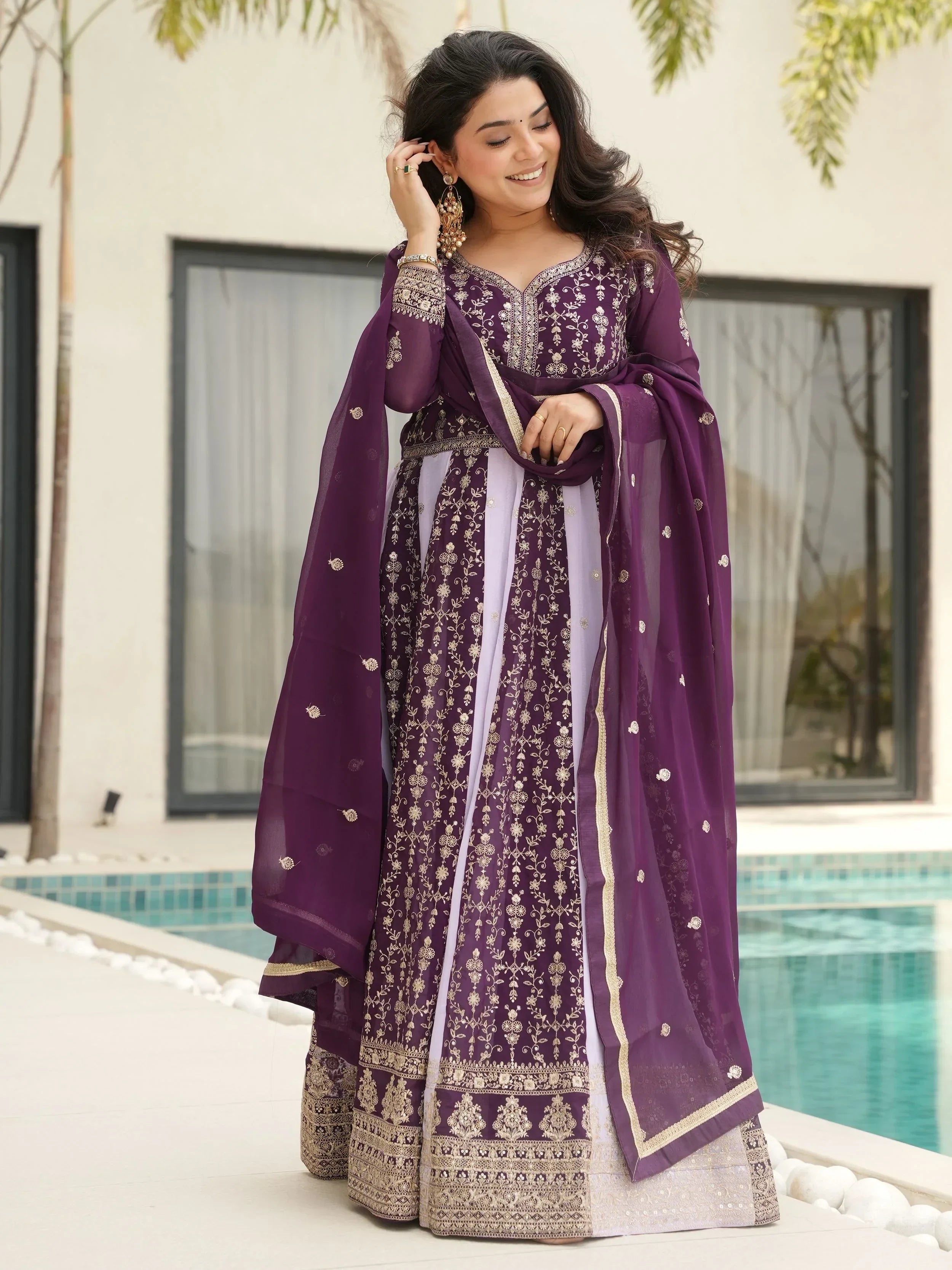 Wine Adorable Georgette Sequins Embroidered Gown With Dupatta