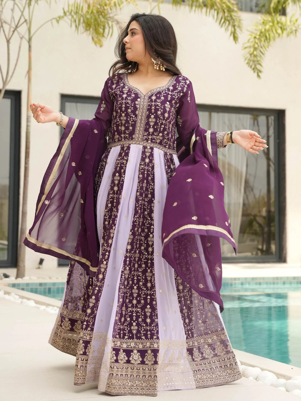 Wine Adorable Georgette Sequins Embroidered Gown With Dupatta